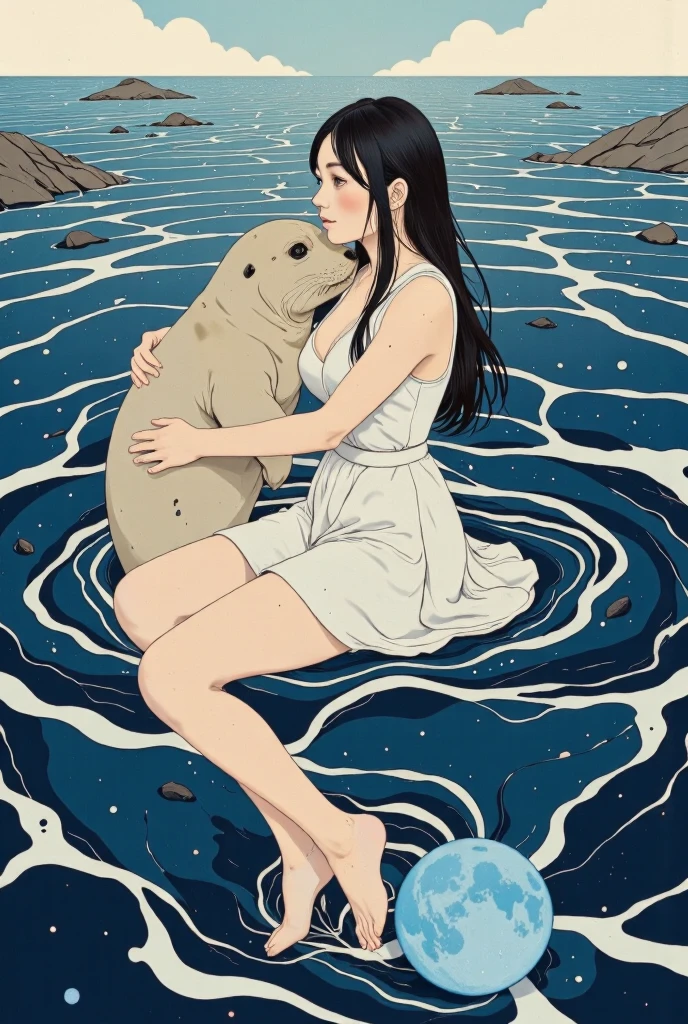 ((line-art Anime, manga aesthetic, highly detailed, vibrant colors, dynamic lighting, soft shading, 8k resolution, masterpiece)),(((1girl_seal:1.2)))A woman emerging from water, with a seal climbing up beside her to embrace her, symbolizing harmony and connection. The woman has long, flowing hair, wearing a simple, elegant dress that drapes gently around her body, creating a sense of ethereal beauty. The seal, with smooth fur and expressive eyes, gently wraps its flippers around her in a tender embrace. The scene is set in a serene, mystical landscape with soft, glowing light filtering through the water. The background is filled with gentle waves and mist, creating a peaceful atmosphere. The scene is highly detailed with dynamic lighting and vibrant colors, bringing out the contrast between the dark depths of the water and the illuminated figure of the woman and the seal. The art style is anime-inspired with manga aesthetics, soft shading, and vibrant hues that make the characters stand out beautifully. The image is rendered in 8k resolution, creating a sense of depth and intricacy in every detail, showcasing the masterpiece of this serene, magical moment."