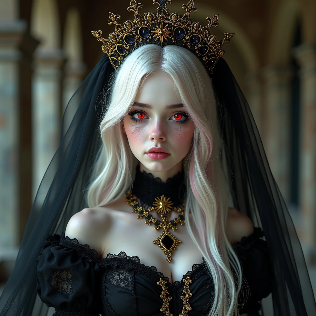 Girl in black gothic dress with gold details, She has a black veil in ...