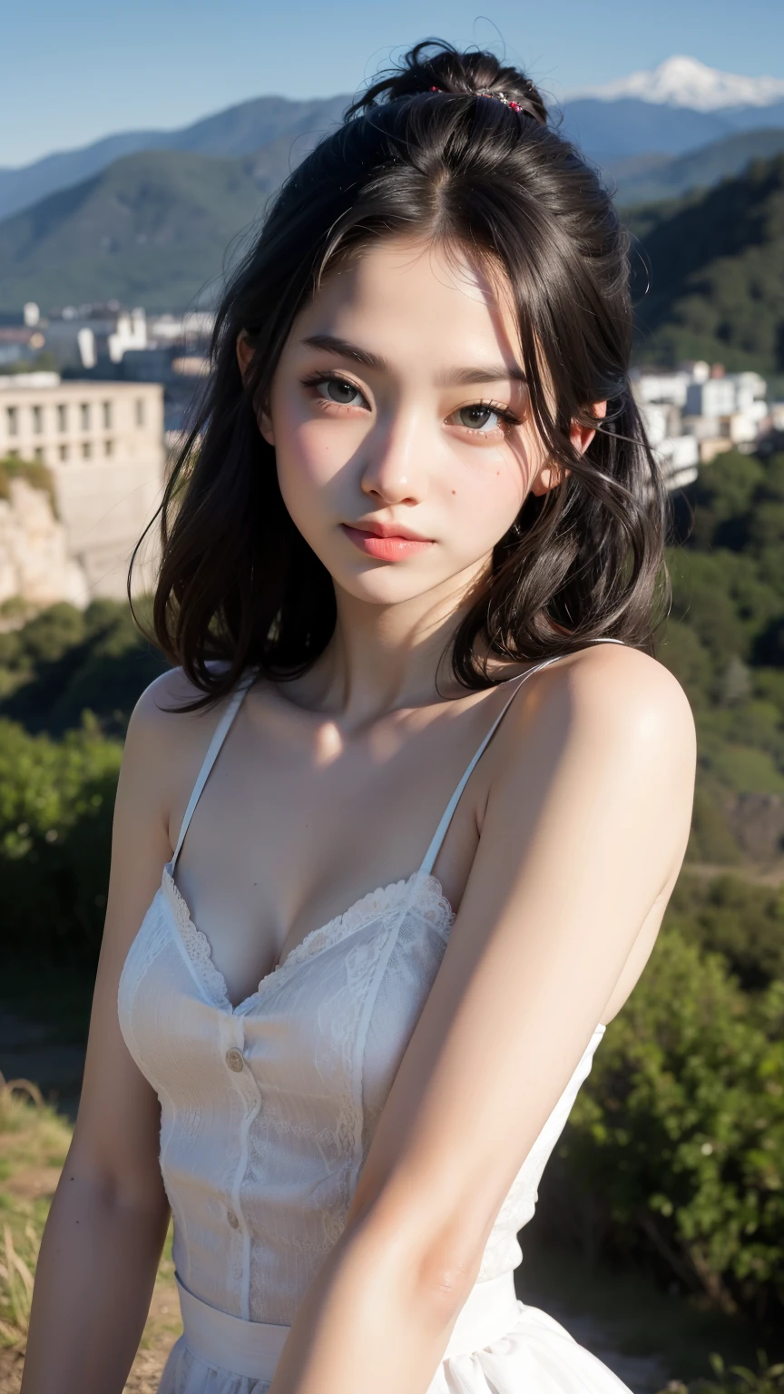 woman with brown hair, 20 years old, small area of white bikini type sheer lingerie, goddess, bloom, lens flare, (8k, RAW, professional, best quality, masterpiece: 1.2), (realistic, photorealistic: 1.37), ultra detailed, (25mm portrait front view), (max detail skin: 1.2), (best detail face: 1.2), film lighting, 1 woman, small and perky breasts, brown hair, walking on a street corner (windy), warm white light, embarrassing smile, shot from the front, ((highest quality, 8k, masterpiece: 1.3)), beautiful woman with perfect figure: 1.4, slender abs: 1.3, ((dark brown hair, big: 1.2)), very detailed face and skin texture, detailed eyes, double eyelids, sitting on a bench,