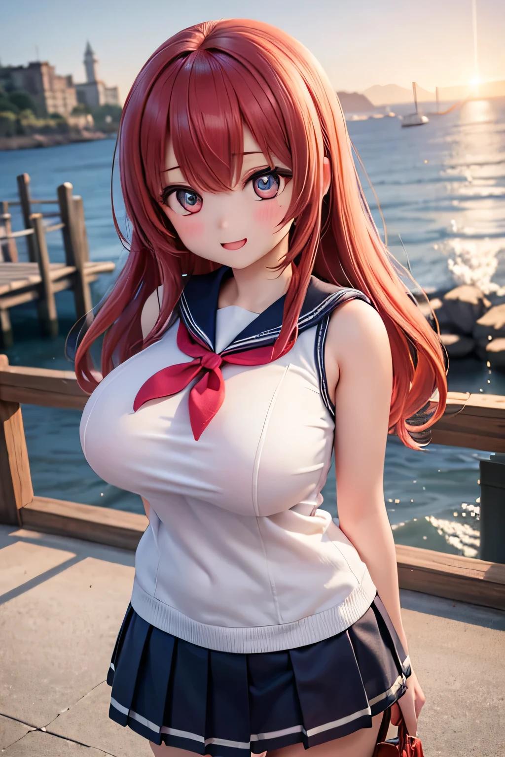  top quality 、 high res、( high image quality:1.2)、masterpiece、 detailed background 、( highly detailed faces being avenged:1.2)、 is anatomically correct、 detailed eyes、Teenage beauty、( huge breasts:1.2)、 perfect body line 、 brightly colored hair color 、Cute hairstyle、 shiny sailor suit、 white sailor color、 pleated skirt、 white stocking 、 A beautiful scene like a scene from a movie、 big smile when looking back、 sandy beach、

(The coastline dyed in the morning sun and the two girls reflected in the seaside in the background :1.5)、( close-up from below:1.5)、( sleeveless、Underboob:1.2)、

I will spend time watching the sunrise、 At first, bright orange and pink colors dye the sky, and xu 々It becomes reddish 、 As the sun rises, the color becomes more vivid and the surrounding landscape is beautifully dyed、 cute