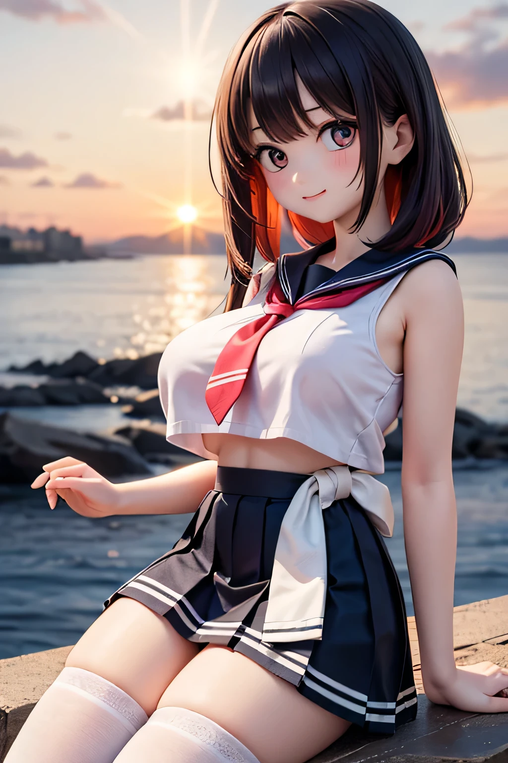  top quality 、 high res、( high image quality:1.2)、masterpiece、 detailed background 、( highly detailed faces being avenged:1.2)、 is anatomically correct、 detailed eyes、Teenage beauty、( huge breasts:1.2)、 perfect body line 、 brightly colored hair color 、Cute hairstyle、 shiny sailor suit、 white sailor color、 pleated skirt、 white stocking 、 A beautiful scene like a scene from a movie、 big smile when looking back、 sandy beach、

(The coastline dyed in the morning sun and the two girls reflected in the seaside in the background :1.5)、( close-up from below:1.5)、( sleeveless、Underboob:1.2)、

I will spend time watching the sunrise、 At first, bright orange and pink colors dye the sky, and xu 々It becomes reddish 、 As the sun rises, the color becomes more vivid and the surrounding landscape is beautifully dyed、 cute