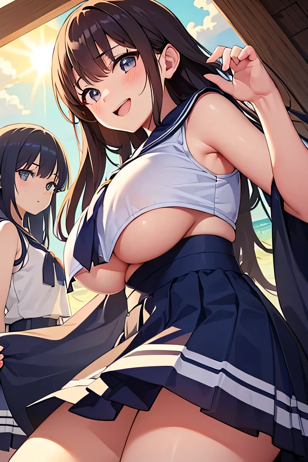 (8K, Masterpiece, high resolution, super fine illustration, detailed background:1.5), (cool, beautiful:1.5), perfect anatomy, (solo, reddish brown hair, medium long hair, 1 high school girl:1.5), (strained Japanese school gym uniform, seethrough, sweat:1.5), (at school ground, outdoors:1.5), (topheavy, huge breasts:1.35), (huge ass, thick thighs, thicc:1.5), (from side:1.25), embarrassed, grumpy, looking at viewer