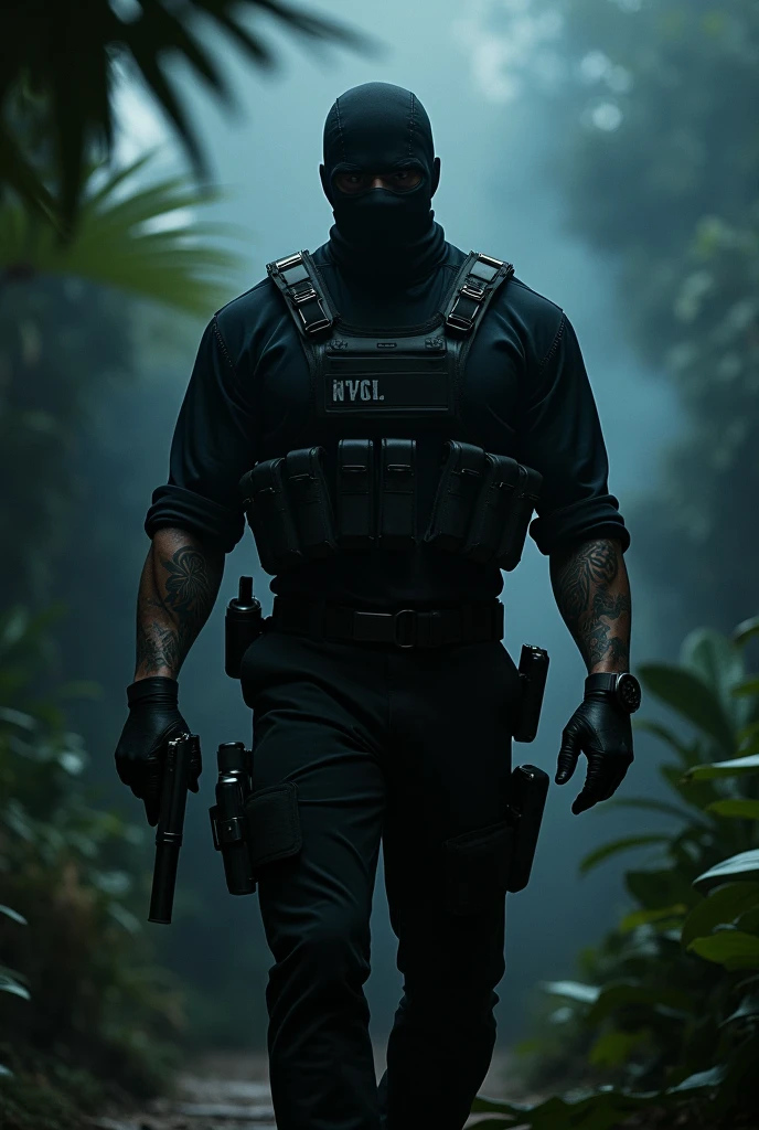 A man in a black blouse with long orders , black pants , leather gloves , he is strong, He wears a black balaclava . He has a Glock in his hand , he is in a garden in the middle of an exchange of gunfire, bulletproof vest ,at night, smoke , mafia, He has tattoos on his hand , he has tattoos on his neck