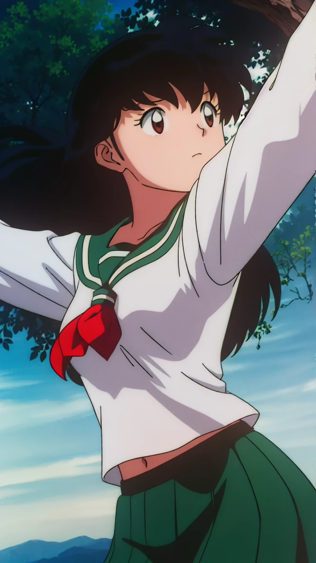 1girl, solo, outdoors, long hair, brown eyes, school uniform,(Masterpiece: 1.6, Best Quality), (Fine Beautiful Eyes: 1.2), (best quality, masterpiece, higher), green school uniform, soft thighs , long sleeves, white socks, scenery , Best Quality, ((anime)) ((Colored)) HD, Kagome Higurashi ,school uniforms, Standing, Green skirt, Red scarf, long hair, Black hair between the eyes, Thighs are soft, school background , black hair, skirt ,standing, green skirt, serafuku, belly button, midriff, stretching, both arms up high, shows lower belly, low rise skirt