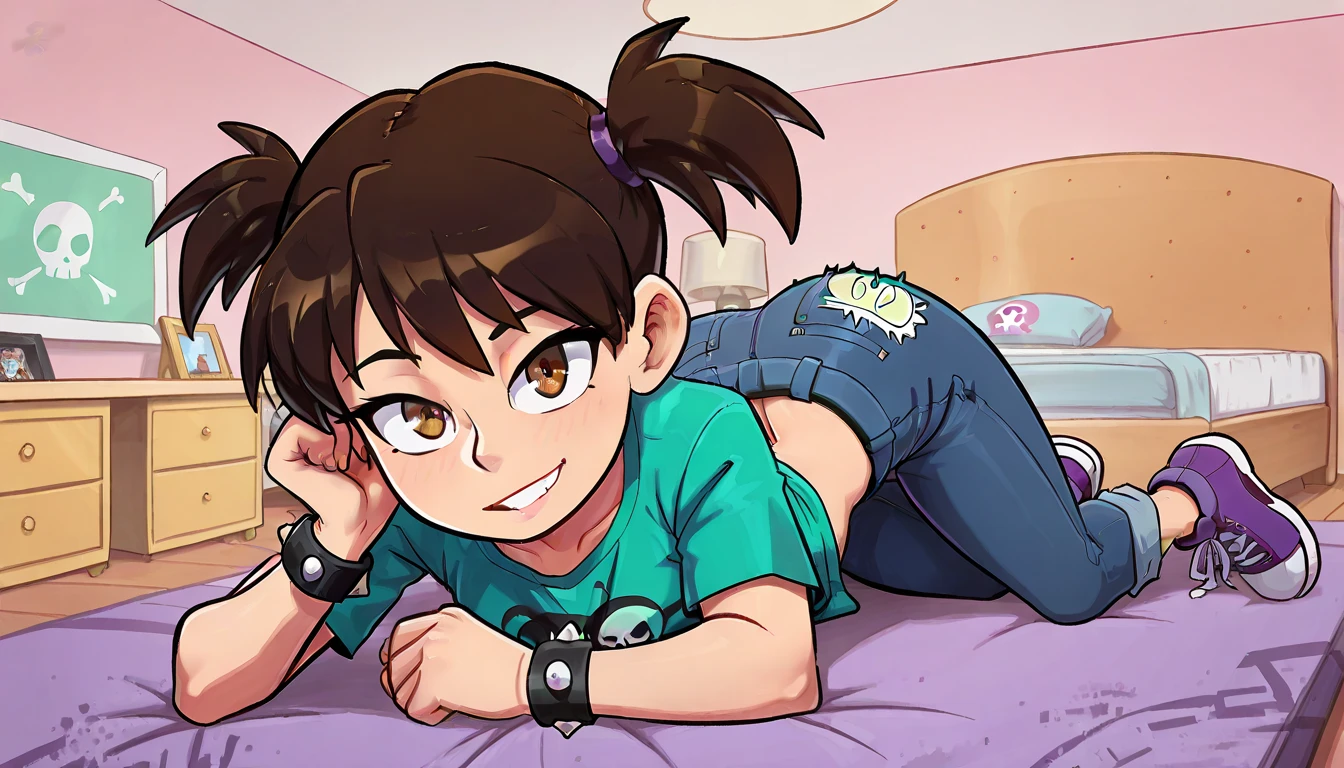 full body, solo, Becker Denoga, 1girl, solo, brown hair, short twintails, brown eyes, spiked bracelet, teal shirt, skull logo on shirt, ripped jeans, purple sneakers, ((bedroom)), straight-on, lying, on stomach, showing her butt, Andystyle, 4k