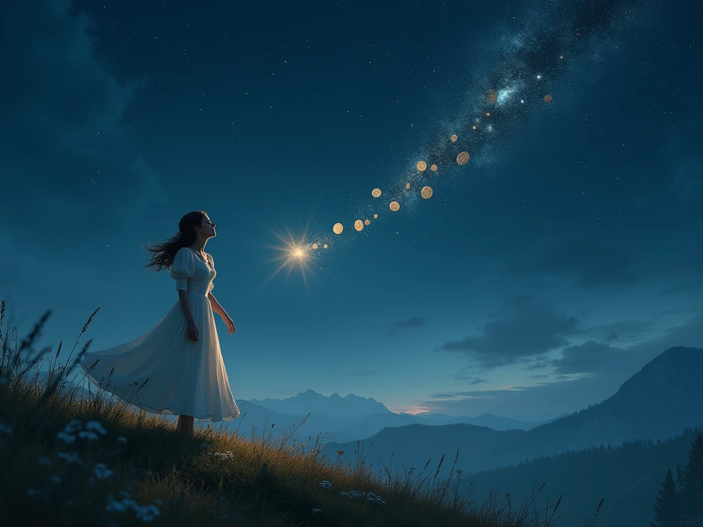 cinematic , hyper-realistic full-body portrait in Disney style , the character Sterntaler from the fairy tale Sterntaler , stands on a hill and catches coins falling from the stars with her white dress, night time, masterpiece