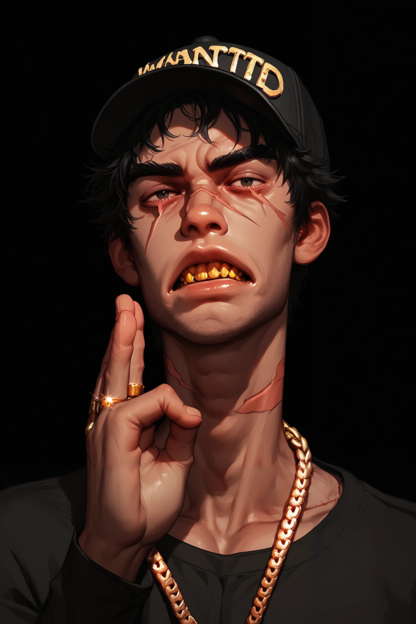  a boy,Alone,  looking at the spectator,  short hair, blows,  simple background, hate look  , threatening posture , dark eyes,  black hair , chains, scar,  Black background, retrato,, scar on face,  eye scar shirt,  covered collarbone,wanted criminal ,tatuajes,gold teeth,cap ,Diamond grillz,Hand gesture,rings