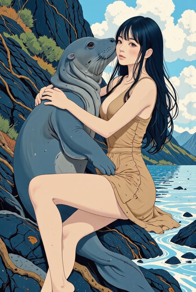 ((line-art Anime, manga aesthetic, highly detailed, vibrant colors, dynamic lighting, soft shading, 8k resolution, masterpiece)),(((1girl_seal:1.2)))A woman emerging from water, with a seal climbing up beside her to embrace her, symbolizing harmony and connection. The woman has long, flowing hair, wearing a simple, elegant dress that drapes gently around her body, creating a sense of ethereal beauty. The seal, with smooth fur and expressive eyes, gently wraps its flippers around her in a tender embrace. The scene is set in a serene, mystical landscape with soft, glowing light filtering through the water. The background is filled with gentle waves and mist, creating a peaceful atmosphere. The scene is highly detailed with dynamic lighting and vibrant colors, bringing out the contrast between the dark depths of the water and the illuminated figure of the woman and the seal. The art style is anime-inspired with manga aesthetics, soft shading, and vibrant hues that make the characters stand out beautifully. The image is rendered in 8k resolution, creating a sense of depth and intricacy in every detail, showcasing the masterpiece of this serene, magical moment."