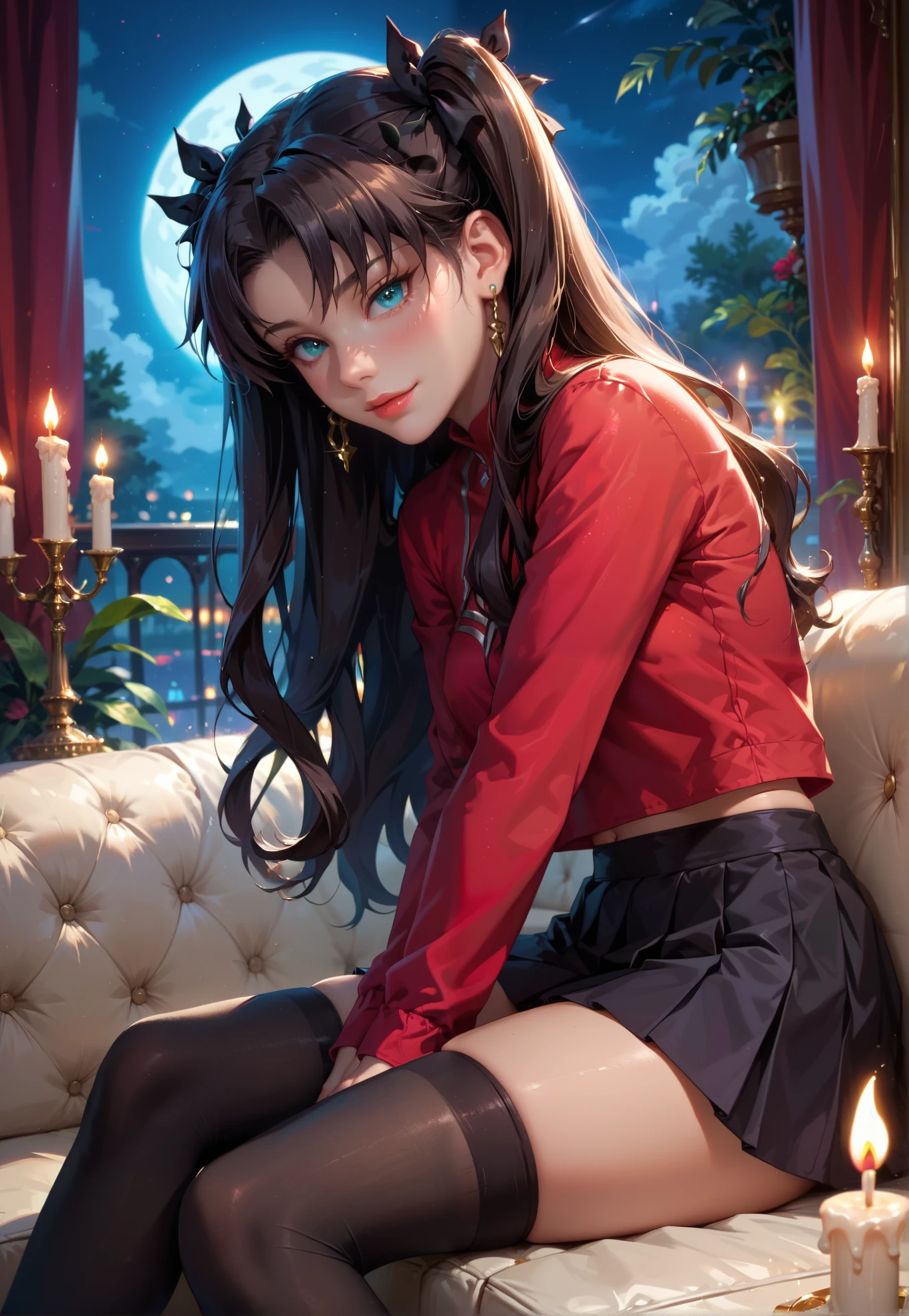 1girl, 4k, Rin Tohsaka, vibrant colors, masterpiece, sitting on a couch in a living, short black skirt, black stockings, sexy pose, close up, BREAK, night time, candles in the background,