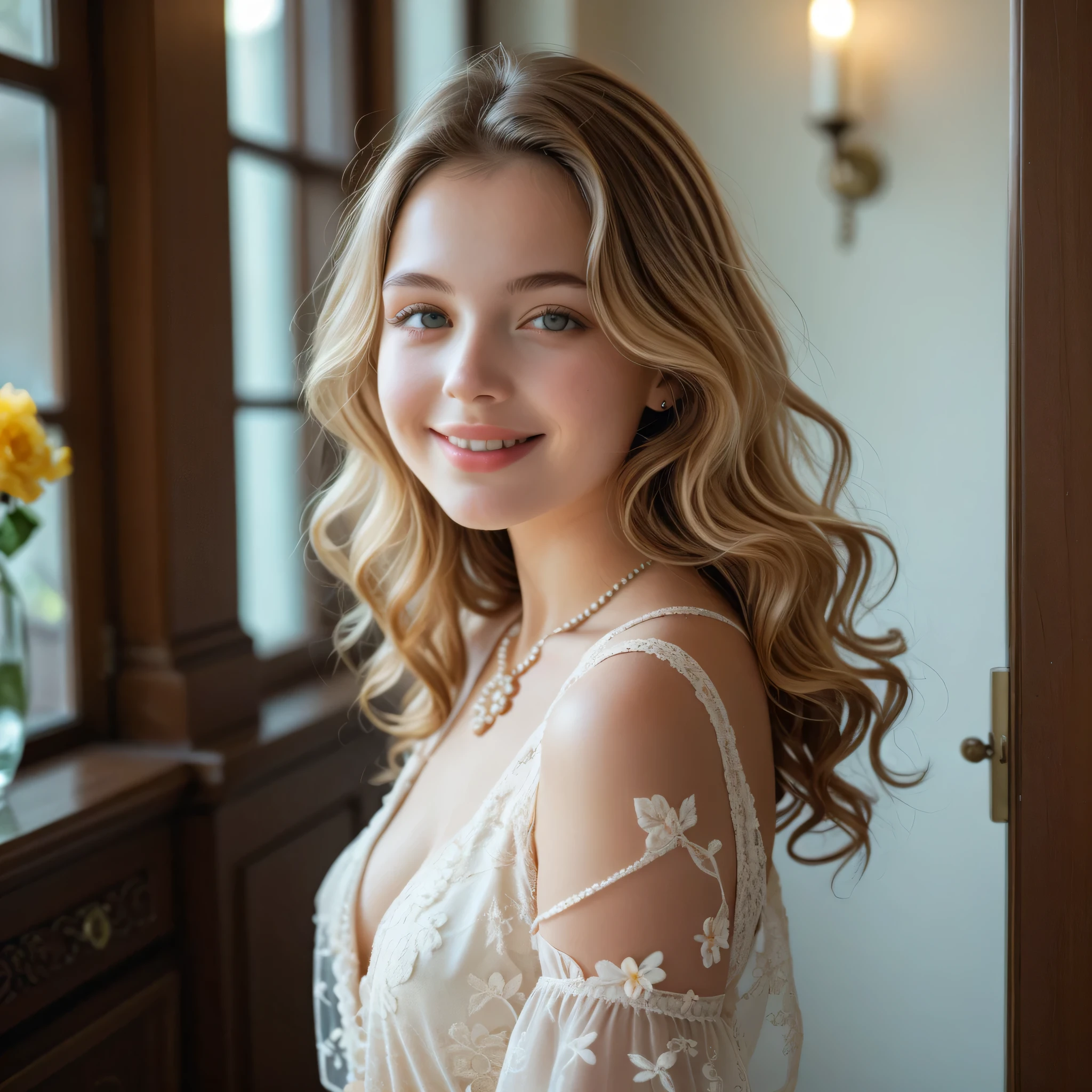 full body photo of a beautiful woman, (1 girl, 20 years), awesome, ( medium wavy blonde hair ) detailed face, Perfect Medium Round Breasts, (neckline:0.8), Perfect Medium Round Ass, thin legs , curved body, (pale skin:1.2), Clean skin, detailed skin texture, skin pores, Soft expression (shy, seductive smile), (eyes to camera, Looking at the viewer), sexy face, expressive eyes, anatomically correct, Her outfit could include a elegant party dress and designer shoes. Add accessories such as a statement necklace. The background should be a room prepared for party of the end of the year celebration, with natural lighting that highlights the details. The overall aesthetic should be elegant and sophisticated, with vibrant colors and sharp details, making the image look like a professional fashion shoot