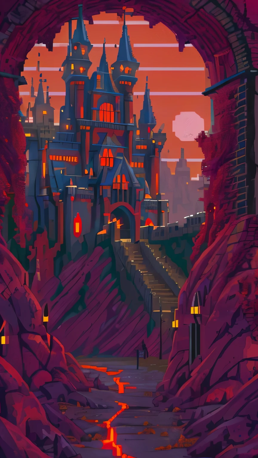 pixel art, digital art, a dark fantasy pixel art of an ominous, towering castle surrounded by glowing red-eyed demons in a desolate, hellish landscape, castle walls adorned with spiked battlements and sinister gargoyles, a swirling crimson sky with faint lightning, lava rivers flowing around the castle, intricate pixel detailing of demons with twisted, grotesque forms, vibrant contrast of fiery reds and cool shadowy tones, {inspired by classic gothic video games like Castlevania}, glowing ambient lights emanating from the castle windows, pixel art texture emphasizing gritty atmosphere