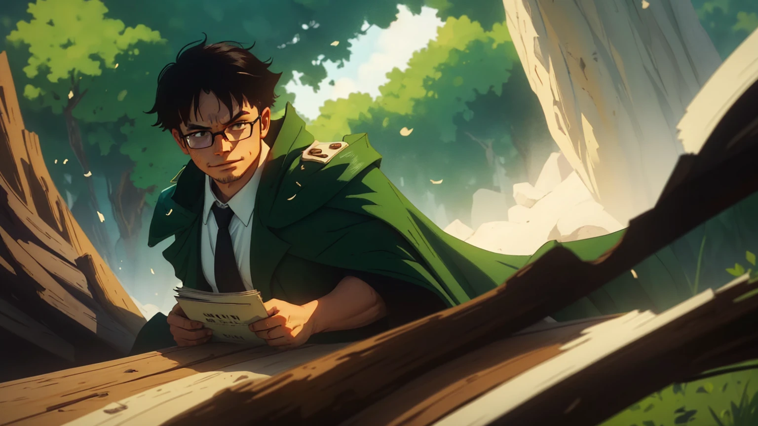 Boy、brown shorts、big round glasses, black tie、adventurer、teenager、looking to camera、open eyes, head down、smile, serious、red book in his hands, 20 years old, betrayal、chill、hurt、make up for、forgive、rounded glasses、green cape、full body、brown coat、white shirt、green tie、brown shorts、black boots、dynamic pose、1 person、splash art、exterior background、natural lighting、moody atmosphere、forest environment、realistic proportions、messy hair、subtle tear streaks、soft facial shadows、slightly flushed cheeks、visible emotion、conflicted expression、like features、fine texture on clothing、movement in the cape、dusty boots、intricate detailing on fabric、slight wind effect、focused composition、rich color depth、high contrast shading、detailed foliage backdrop、emotive storytelling pose、immersive perspective、slight tilt in head、downtrodden gaze、small hands、ish innocence. green cape, rich dark green fabric, slightly worn with frayed edges, tattered in places, flowing dramatically in the wind, draped over the shoulders, deep green shade, natural folds and creases, subtle light reflecting off the fabric, heavily textured fabric with slight distressed marks, slightly faded in some areas, vibrant green base color, shading near the edges, green hue consistent with natural lighting, creases showing movement, worn and weathered look, shadowing under the cape for added depth, natural fabric texture visible, ruffled and loose in motion, green tones blending with atmospheric lighting.
