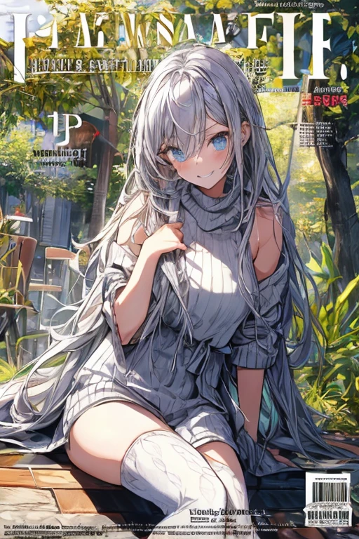 (from below:1.2),((1girl, silver hair, long hair, qutel blue eyes, beautiful eyes, pretty smile:1.5, ), ray tracing, vibrant colors, girl, masterpiece, sharp focus, best quality, depth of field, cinematic lighting, detailed outfit, 4k, perfect eyes, rich in details and textures, white hair, very long hair, golden eyes, hair between eyes, colored inner hair, bright smile, knitted loose, loose clothes, long sweater, black legwear, sitting on grass, under tree, sunlight, light rays, god rays, looking up, smiling, shoulders, leggings, (morning cafe magazine cover:1.4),(with sparkling eyes and a contagious smile),her thin pubic hair:1.0, looking at viewer