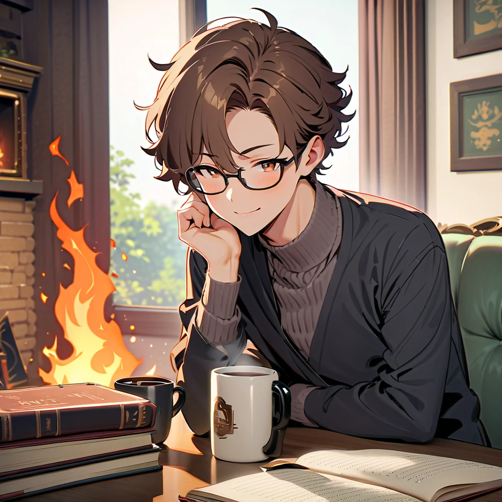 Ultra-fine,masterpiece, Awards, top quality ,1 person, handsome boy,Brown Hair,23 years old,Glasses,Introvert, Fireplace Fire , Coffee,books, short hair, Curl perm, gentle smile,