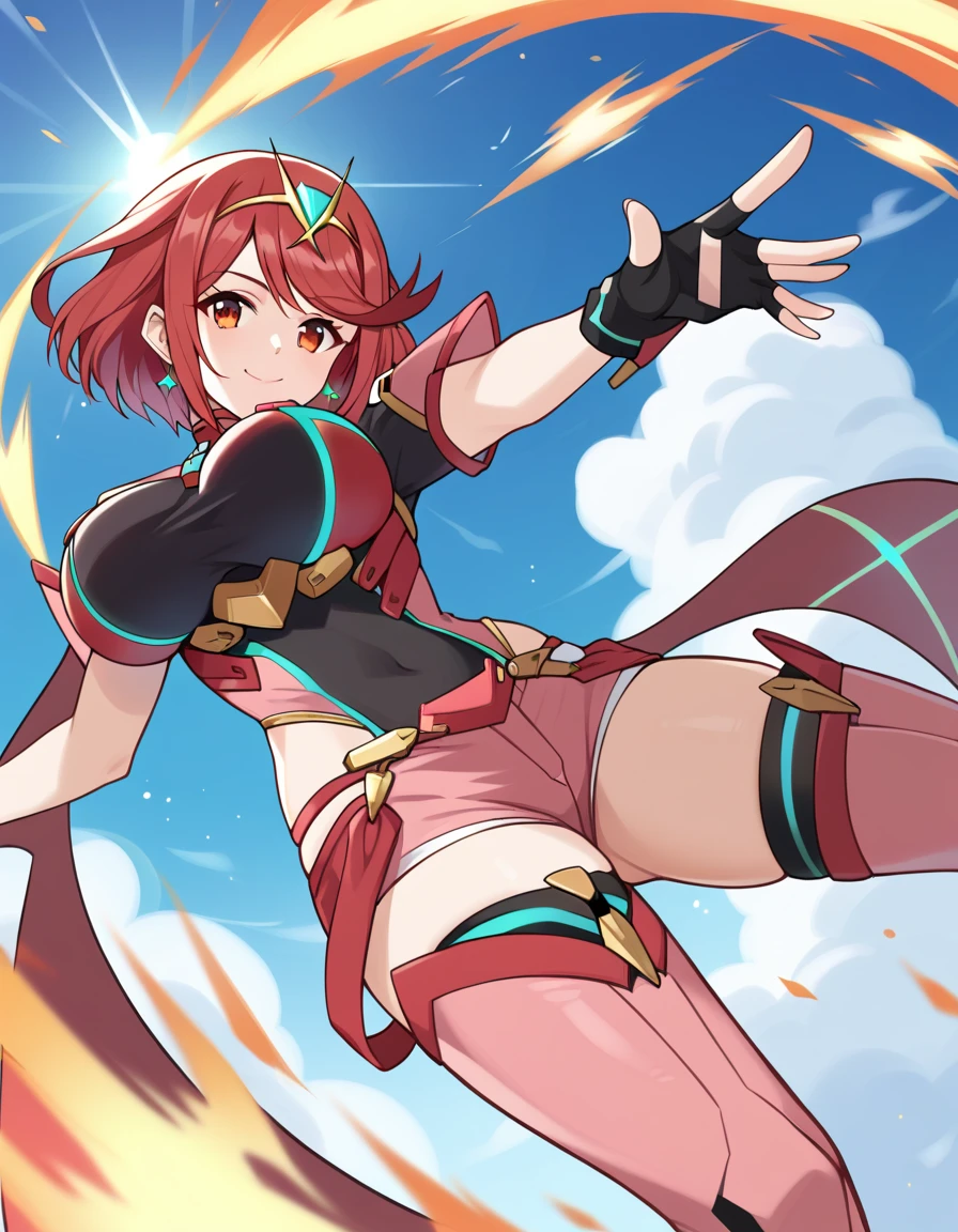 score_9, score_8_up, score_7_up, source_anime, rating_safe, BREAK pyra \(xenoblade\), 1girl, red hair, short hair, swept bangs, bob cut, red eyes, large breasts, tiara, earrings, chest jewel, backless outfit, bodysuit, covered navel, neon trim, clothing cutout, short sleeves, fingerless gloves, black gloves, short shorts, red footwear, thigh boots, floating, dutch angle, light smile, eye focus, closed mouth, looking at viewer, facing viewer, reaching towards viewer, outstretched arms, wind, floating hair, fire, aura, lightning, light particles, light rays, blue sky, cloud, sunlight, lens flare