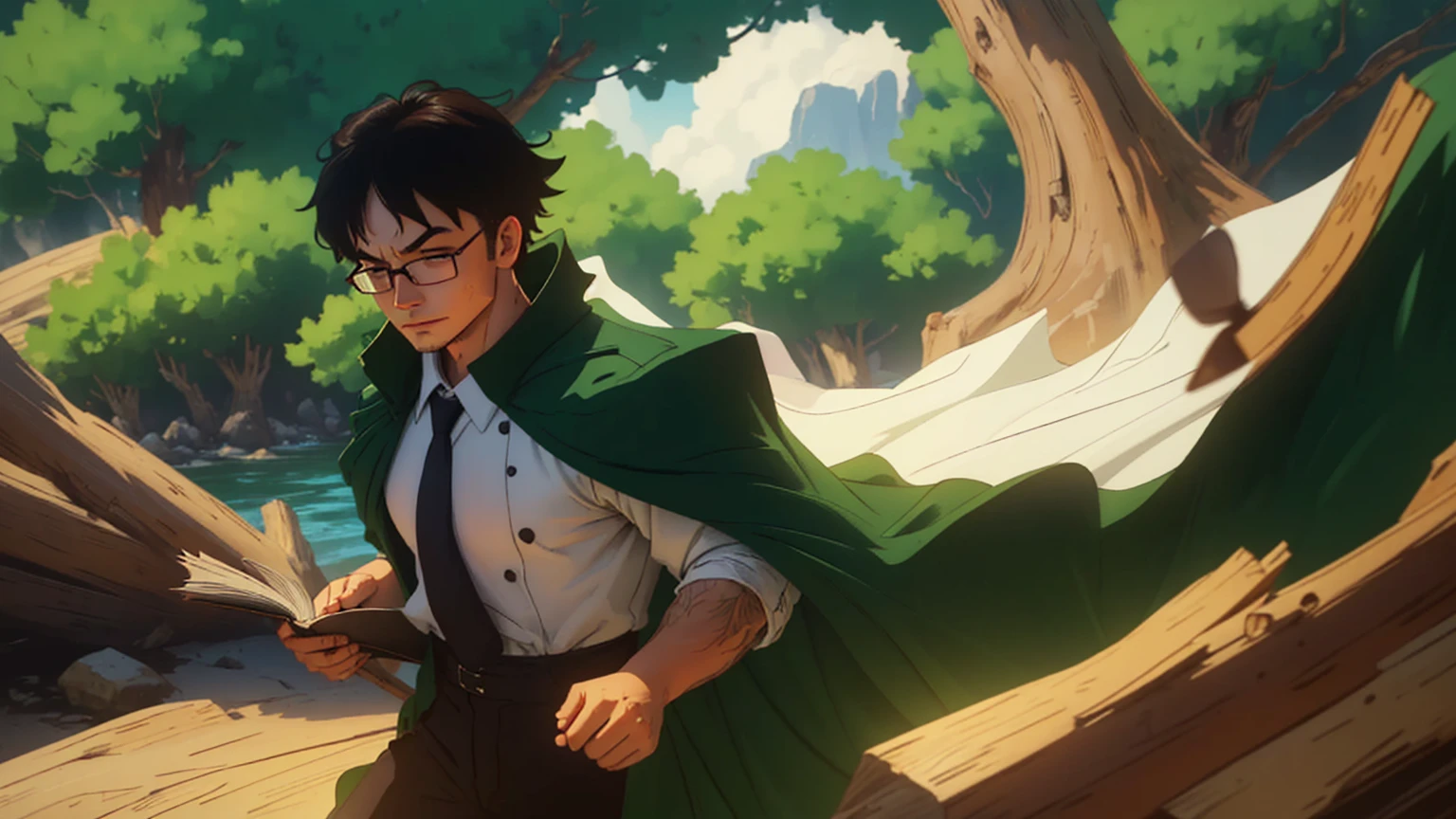 Boy、brown shorts、big round glasses, black tie、adventurer、teenager、looking to camera、open eyes, head down、smile, serious、red book in his hands, 20 years old, betrayal、chill、hurt、make up for、forgive、rounded glasses、green cape、full body、brown coat、white shirt、green tie、brown shorts、black boots、dynamic pose、1 person、splash art、exterior background、natural lighting、moody atmosphere、forest environment、realistic proportions、messy hair、subtle tear streaks、soft facial shadows、slightly flushed cheeks、visible emotion、conflicted expression、like features、fine texture on clothing、movement in the cape、dusty boots、intricate detailing on fabric、slight wind effect、focused composition、rich color depth、high contrast shading、detailed foliage backdrop、emotive storytelling pose、immersive perspective、slight tilt in head、downtrodden gaze、small hands、ish innocence. green cape, rich dark green fabric, slightly worn with frayed edges, tattered in places, flowing dramatically in the wind, draped over the shoulders, deep green shade, natural folds and creases, subtle light reflecting off the fabric, heavily textured fabric with slight distressed marks, slightly faded in some areas, vibrant green base color, shading near the edges, green hue consistent with natural lighting, creases showing movement, worn and weathered look, shadowing under the cape for added depth, natural fabric texture visible, ruffled and loose in motion, green tones blending with atmospheric lighting.
