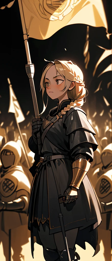 (masterpiece:1.2, best quality), (real picture, intricate details),(best quality, masterpiece), 1girl, standing, knight with a sword, Soldiers, Golden City, in crowd, flags, (depth of field:1.3), long hair, braid, (dark photo:1.3),fluorescent color,