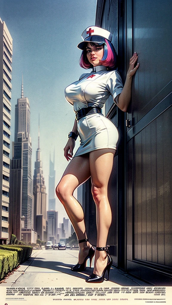 (Masterpiece, Best Quality), 8k Wallpaper, highly detailed, poster, vintage sci-fi film, 1960s, a magazine cover with sexy giant nurse towering over a tiny city, a portrait by Paul Kane, cinematic movie poster, perfect face, Orange hair, Attack of the 50 foot woman, giant woman, tiny city, lines, abstract, mid century modern, movie poster, vintage, white nurse uniform, stiletto high heel shoes, tiny destroyed skyscrapers city, retrofuturism, pulp sci fi, pulp sci-fi, 60's pulp illustration, scifi pulp, pulp book cover art, pulp scifi, old retro pulp comic cover, pulp science fiction, pulp scifi illustration, vintage scifi, skyscrapers sized under her knee