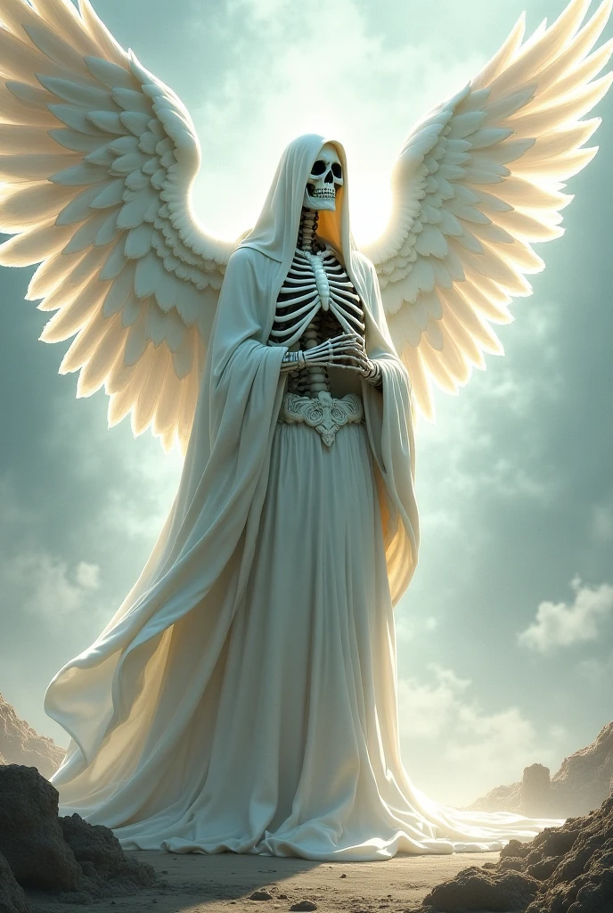 After the battle, the armored skeleton kneels in front of a beautiful radiant angel in a hooded hat, but the angel looks at him with hurt. the veiled face of the angel is not visible
