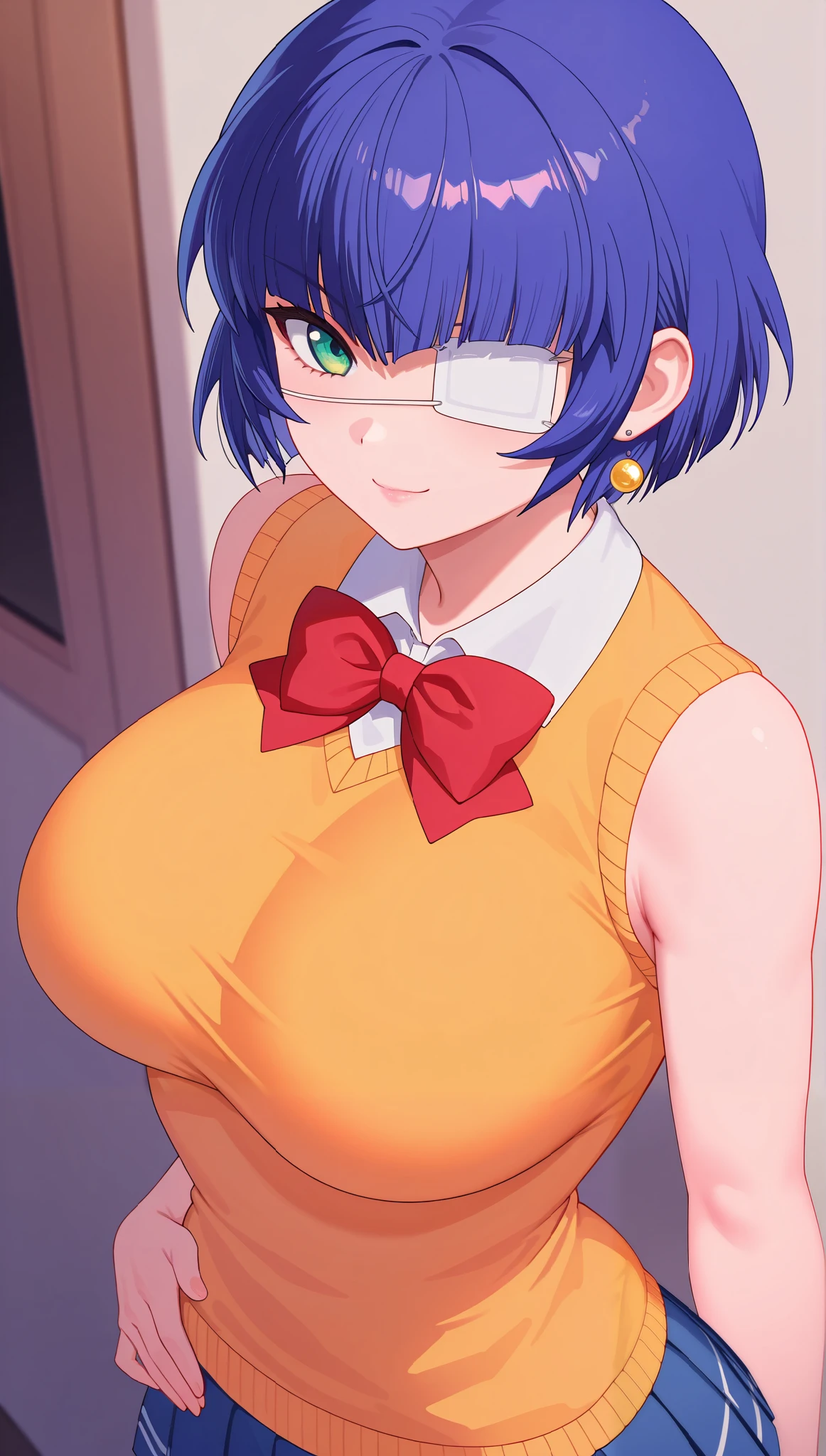 (masterpiece), (portrait), big round breasts (aesthetics), ((1 female 21 years old)), Highlight earrings), ((short hair)), ((Hot crystal dark blue hair, bow tie and an eye patch)), ((Shimei Ryomou)) straight hair, thin eyes open, green eyes, cute, naughty, cute smile, woman, feminine, beautiful, female features, top, high quality, aesthetic clothing, professional angle, (rule of thirds), (feminine), , (beautiful) , (female ) features), solo, (Korean attractive), summer, (ink haze), (afternoon), (vibrant light), seductive posture, ((face looking forward))), Shimei Ryomou, School uniform, sleeveless and collarless sweater, white long-sleeved blouse underneath, red striped pleated skirt, sensual ((Energy)), (Bold Makeup), (big round breasts), Fair Skin, (Clothes with Hip Hop Details), (a hot Shimei Ryomou, sculptural body, sexy pose), (Sleep Neckline), Beautiful Hands, Body beautiful, beautiful ears, beautiful eyes, bright eyes, beautiful mouth, beautiful lips, school