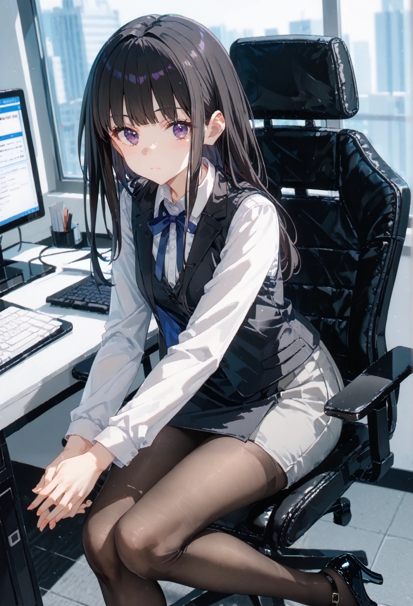 an anime girl in white shirt and office girl skirt with heels, 1girl, solo, pantyhose, breasts, high heels, shirt, looking at viewer,bangs, white shirt, long sleeves, collared shirt, blunt bangs, closed mouth, ribbon, simple background, h neck ribbon,office suits,vest,inoue takina,black hair,purple eyes,office background,computer,window,