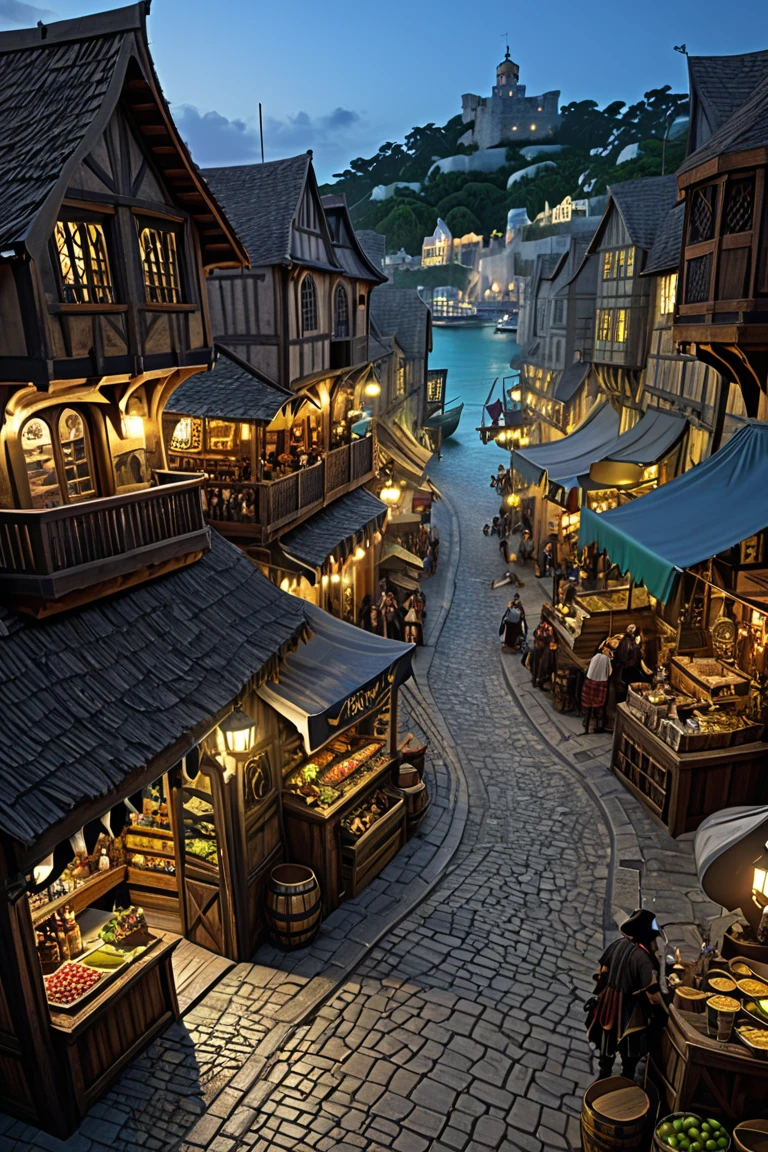 ((Faça uma ilha PIRATE, uma cidade na ilha PIRATE)) ( photo 1 -Make the first image with the view from above the island) ( photo 2- Take inside the streets of the city's market ,  show stalls and bars ) (medieval, PIRATE) (time: night)  (Setting, detailed, 8k,  medieval fantasy, landscape)  (cidade PIRATE na ilha) ( angle inside and above the city , Photo variation ) 