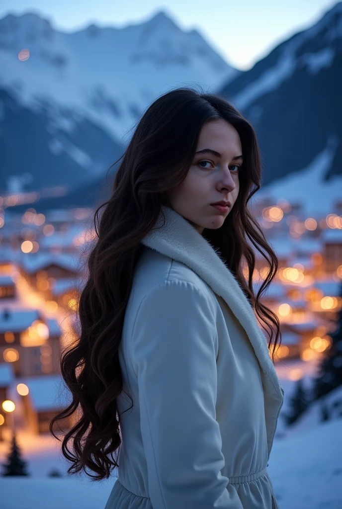 realistic woman long wavy hair, zermatt, switzerland, nighttime, city lights, on a mountain, fancy white winter clothes, posing from tthe side
