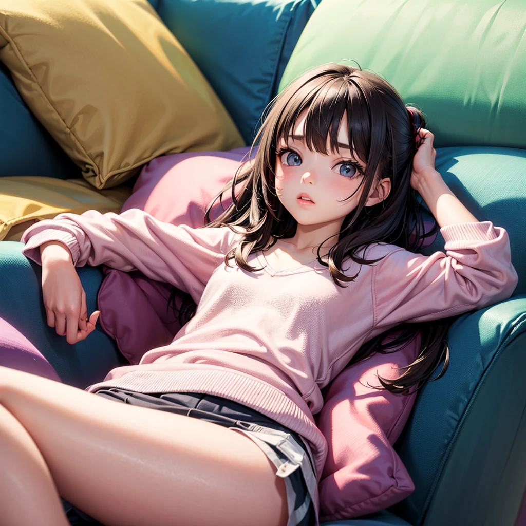 Tween girl at home laying on couch