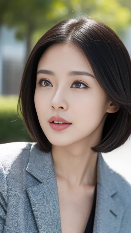 (a masterpiece portrait of a woman with ultra detailed features, in 8K resolution, with crisp quality and vibrant colors)、(from front、 facing the front:1.4)、Woman walking along an office street、 beautiful Japanese woman、 She is full of confidence 、Age 30、Alone、 Staring at the Audience :1.8、 Wearing a Business Suit 、Elite employees、formal short hair、