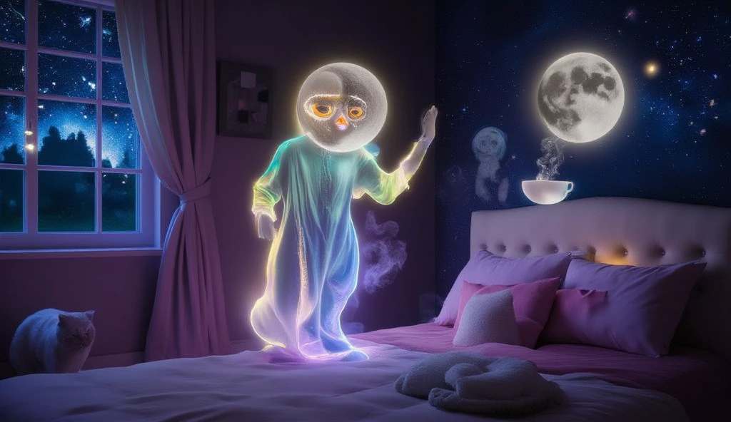 (best quality, 128k,highres,masterpiece:1.2),ultra-detailed,(realistic,photorealistic,photo-realistic:1.37), ((masterpiece)) ((photography)) ((Highest quality)) A strange figure, dressed in a flowing robe made of soft light, floats through a bedroom in the dead of night. The curtains gently sway as if touched by a light breeze. On the ceiling, stars twinkle and form a smiling face. The shadow of a giant owl stretches across the window, as if keeping watch over the scene. A cat with glowing eyes slinks under the bed, while a laughing moon reflects on the floor. In the air, a soothing voice murmurs, "Good night, dear dreamer." A floating teacup releases a soft steam that rises and forms the words, "May your dreams be filled with wonders."