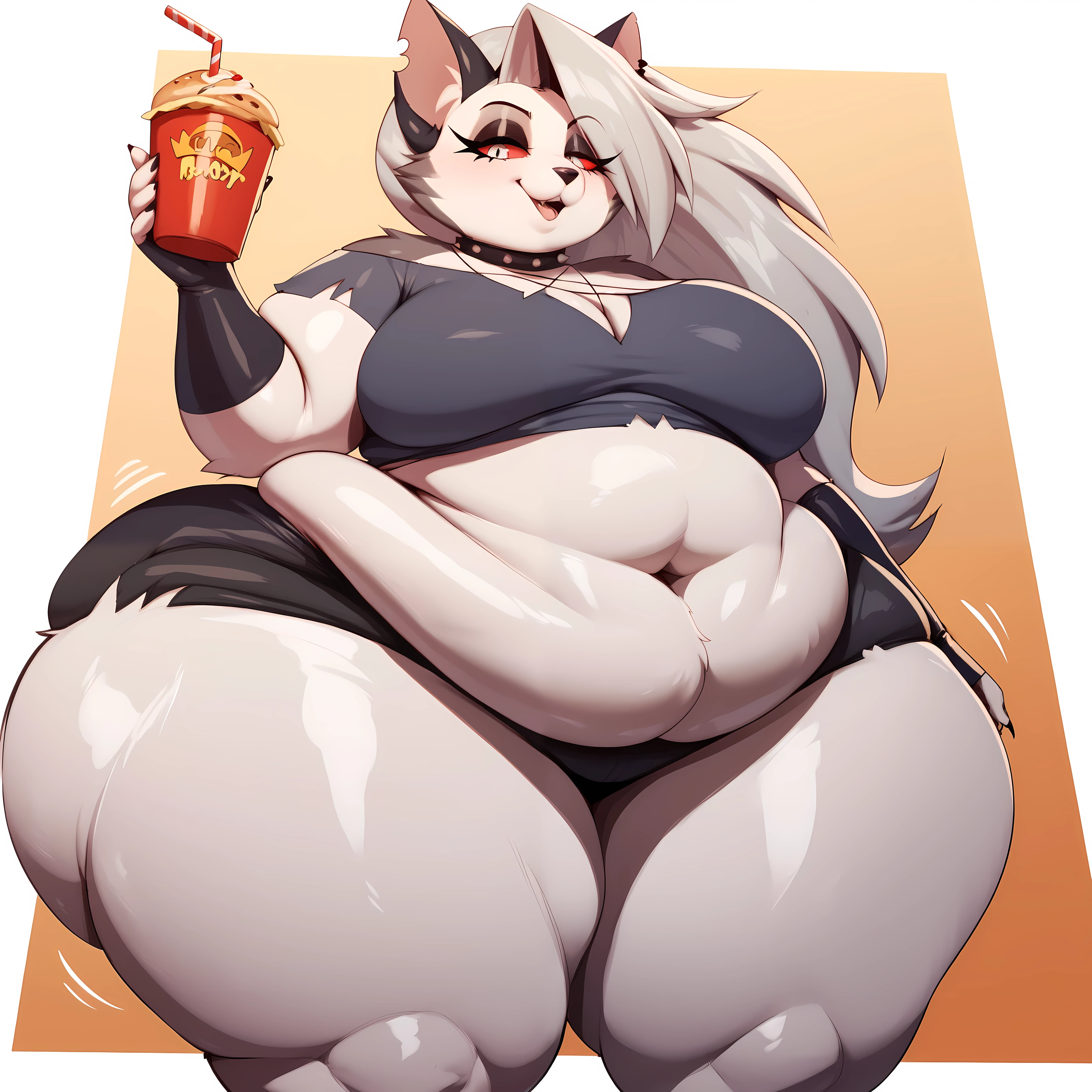 Loona Helluva Boss, fat body, sexy pose, ((Furry)), (ssbbw), very obese, perfect fat anatomy, belly soft like a marshmellow, fast food place background, ((ONLY 1 Character))