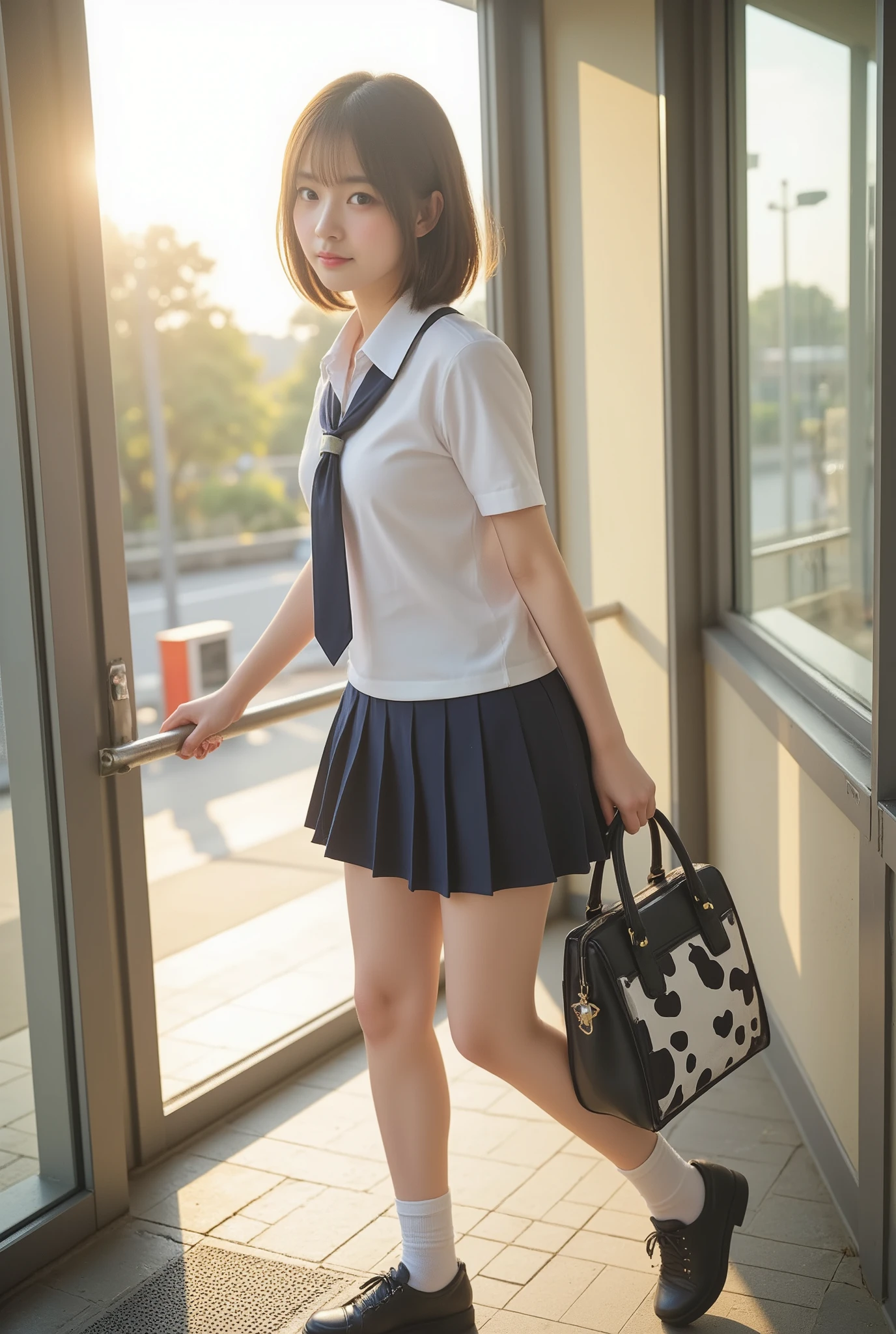 A serene morning in Japan, capturing the essence of a typical school day. A beautiful Japanese high school girl, dressed in a neatly pressed uniform with a pleated navy-blue skirt and a crisp white blouse, ascends the station’s sunlit staircase. Her school bag, adorned with a small charm, sways gently as she climbs. The early morning light filters through the glass panels, casting soft golden hues on the scene. Around her, the bustling yet orderly atmosphere of the station unfolds: the rhythmic sound of footsteps, the faint announcements of arriving trains, and the chatter of commuters. Her expression is one of quiet determination, reflecting the start of another day filled with learning, friendships, and dreams.
Cow pattern pastel school uniform,
in water side,