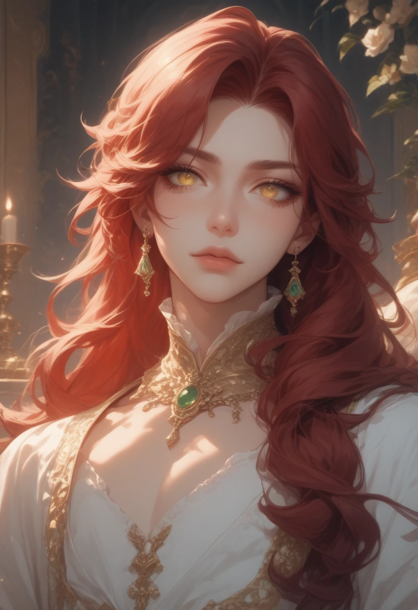 (score_9, score_8_up), score_7_up, masterpiece, high resolution, top quality, exquisite, unique, 1male, pretty, androgynous, feminine, femboy, guy,  red hair, long hair, yellow eyes