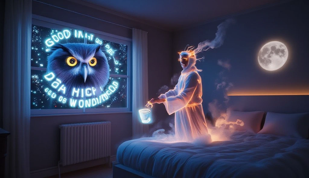 (best quality, 128k,highres,masterpiece:1.2),ultra-detailed,(realistic,photorealistic,photo-realistic:1.37), ((masterpiece)) ((photography)) ((Highest quality)) A strange figure, dressed in a flowing robe made of soft light, floats through a bedroom in the dead of night. The curtains gently sway as if touched by a light breeze. On the ceiling, stars twinkle and form a smiling face. The shadow of a giant owl stretches across the window, as if keeping watch over the scene. A cat with glowing eyes slinks under the bed, while a laughing moon reflects on the floor. In the air, a soothing voice murmurs, "Good night, dear dreamer." A floating teacup releases a soft steam that rises and forms the words, "May your dreams be filled with wonders."