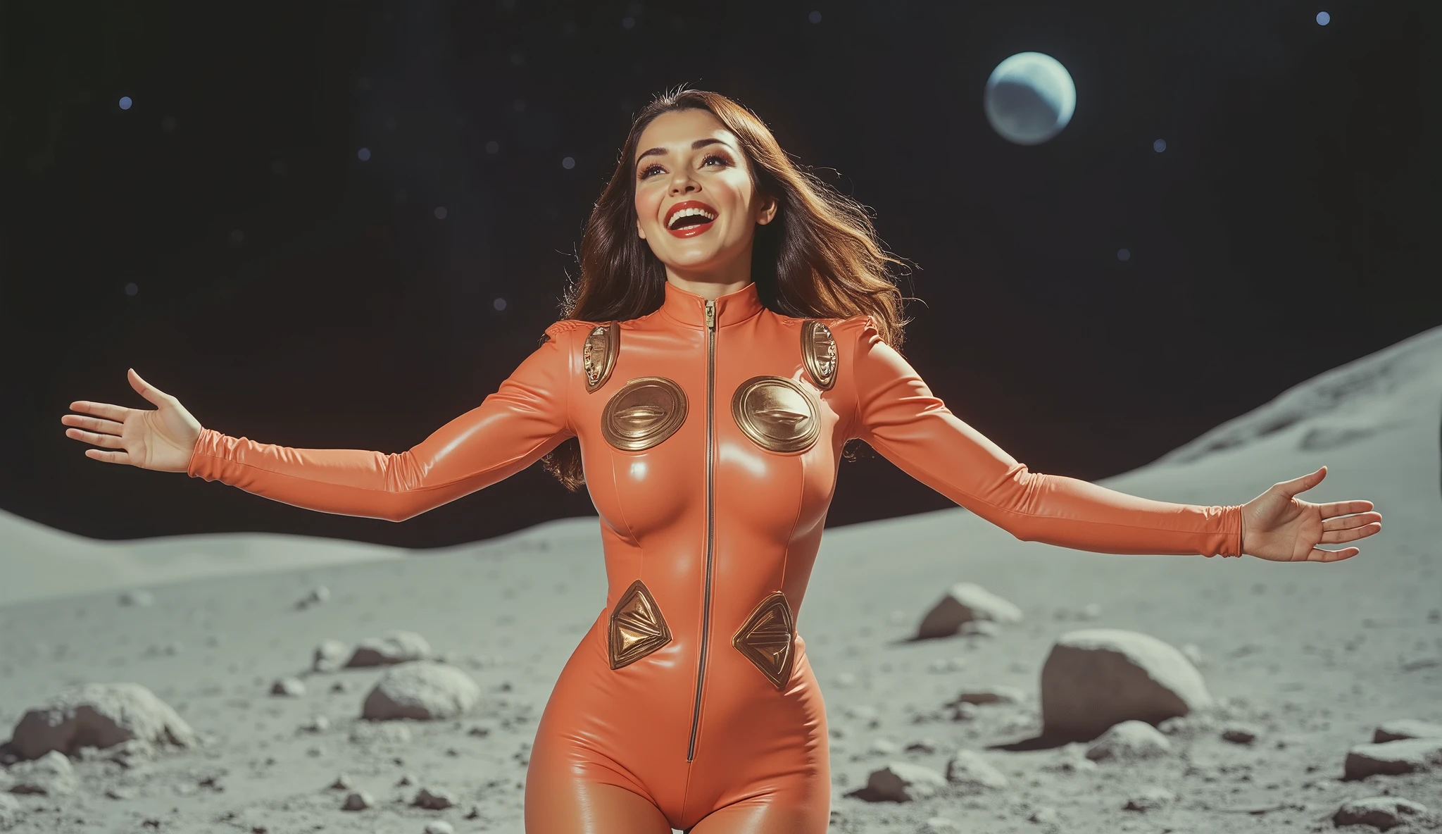 A woman, likely 20-30s, with a light tan complexion, and long, dark brown hair,  exhibits a joyful, elated expression in a stylized 1970s-inspired space-suit. The suit, a deep orange-peach color, features a form-fitting, full-body design with  decorative elements, including circular and triangular accents in light brown and gold/bronze.  Her pose is dynamic, arms outstretched as if floating or soaring. The setting is a lunar landscape, grayish-beige in color, dotted with craters and rocks, evoking a sense of vastness and exploration. The background showcases a dark, starry night sky with a pair of orbs, possibly representing planets or moons. This composition creates a sense of ethereal, science-fiction atmosphere. The lighting suggests a strong, directional light source, highlighting the subject against the lunar terrain, with vibrant tones, and an overall film-noir aesthetic. Detailed texture on the moon's surface. The style is a mix of retro space-opera and  cinematic portrayal of a female astronaut. Dramatic lighting and perspective. The image possesses a retro futuristic feel and captures strong female empowerment.  High-contrast photographic style.  Emphasis on strong silhouette.