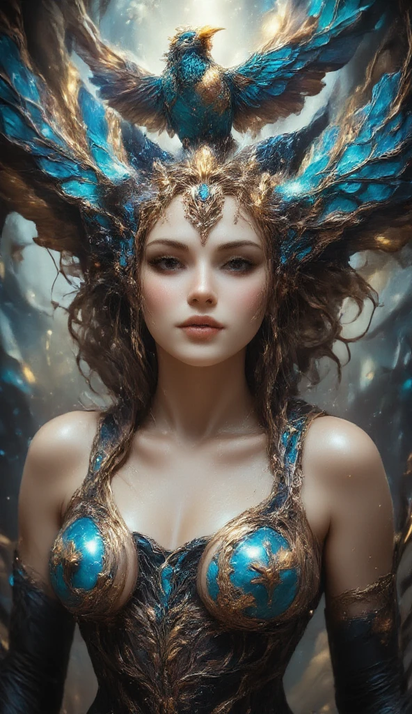 
beautiful fantasy woman with blue birds and jewels in her hair.
