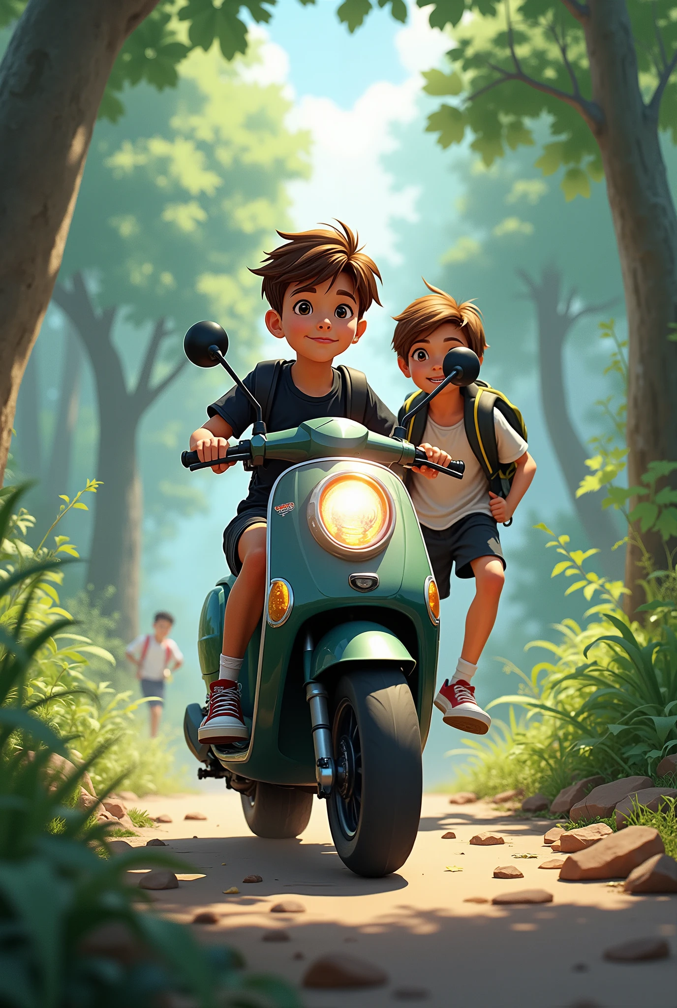 Boy with liverpool black shirt,shorts and sport shoes on scooter motorcycle in forest with friend