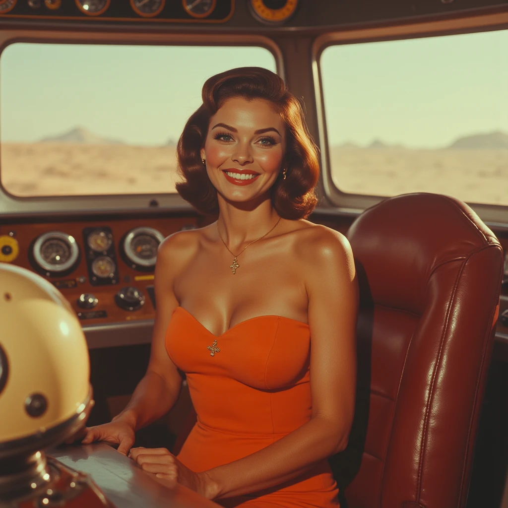 A 30-something woman with shoulder-length, styled brown hair, Caucasian features, and a joyful, lighthearted expression sits in a vintage-style ship's control room. She is wearing an orange, strapless, form-fitting bustier-style dress, exhibiting a confident and poised body language. Her skin is smooth and tanned, and she displays a light makeup. A gold necklace with a cross-shaped pendant complements the outfit. The composition is centered on her figure, demonstrating a slightly high camera angle. The lighting in the room is warm and diffused. A rich, vintage style is noticeable. The color palette is primarily warm oranges, browns, and creams with hints of gold accents. The control panel and equipment behind her are detailed with warm, muted tones. A light beige/tan helmet is prominent in the foreground suggesting a space-age concept. Large windows showcase a hazy, pale-colored backdrop, akin to a desert landscape. The ship's interior has dark, reddish-brown leather seats, and a wooden control panel. The overall mood is glamorous and playful, reminiscent of vintage science fiction or a 1950s-style film. Rich textures of the leather seats and the smooth materials of the dress contribute to the aesthetic. Cinematic, low-key lighting style. Film-noir influences are evident.