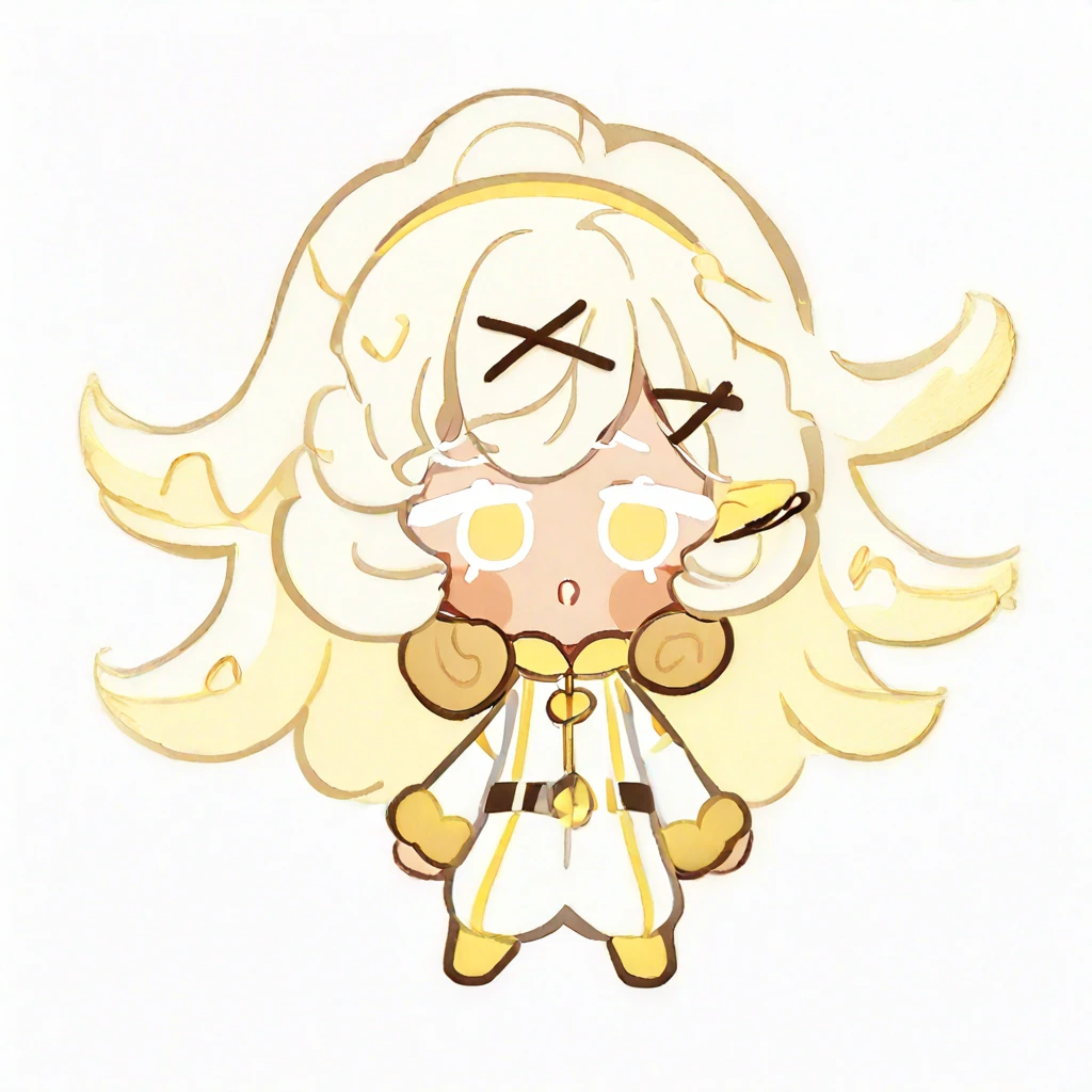 Banana Mousse Cookie, white hair, curly hair, hair spread out, x hair ornament, yellow hairband, White Jumpsuit