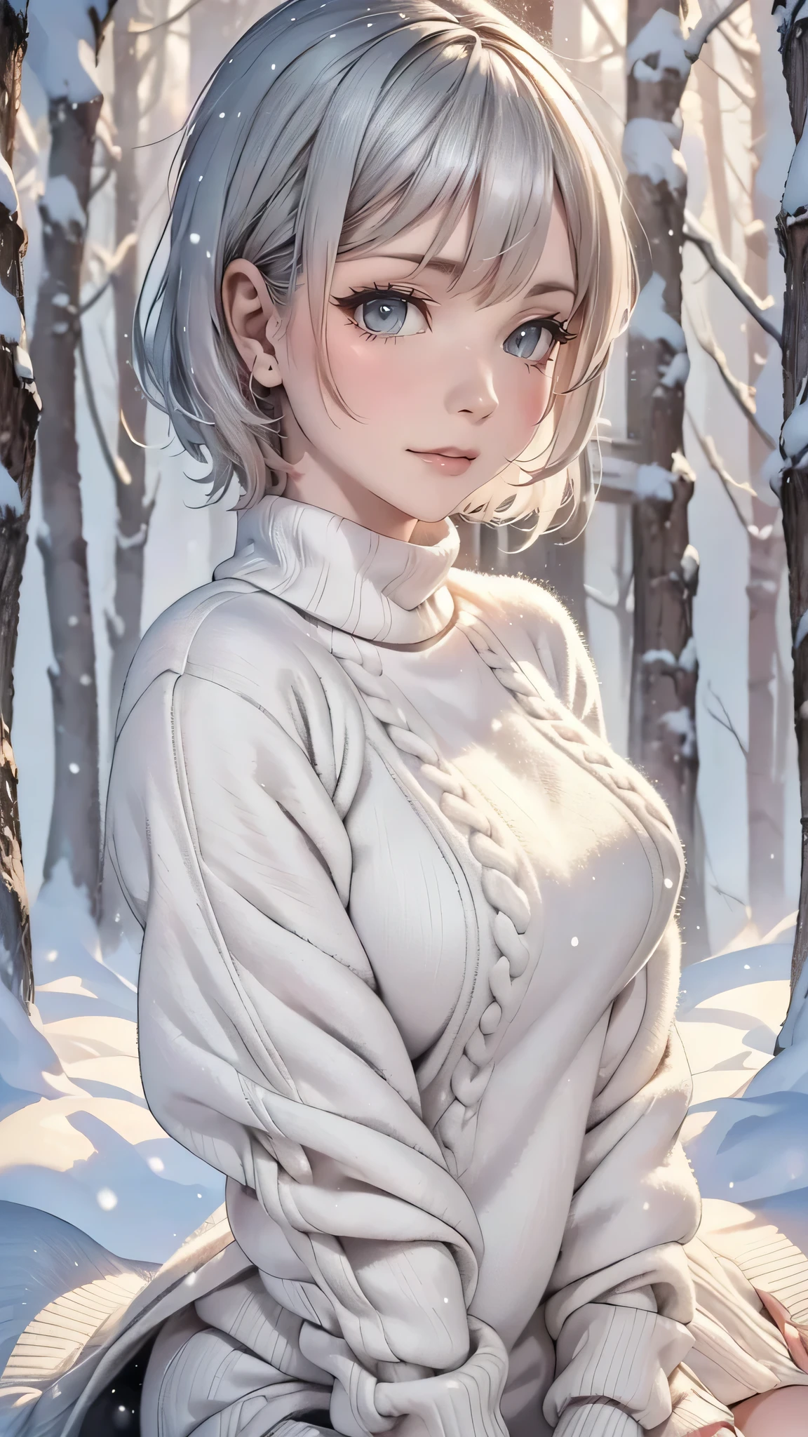 in the snowy forest, japanese girl, knit sweater, snowing,pupils sparkling, silver short hair, realistic Portrait, depth of field, f/1.8, anatomically correct, textured skin, super detail, high details, high quality, super detail, high details, high quality, best quality, highres