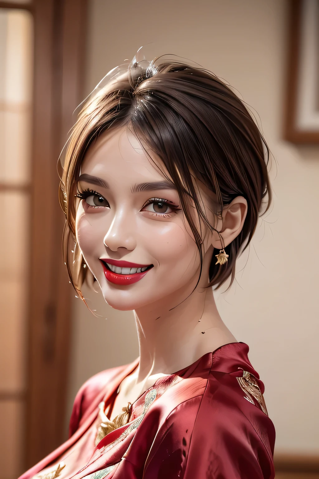 (1.    beauty ,    Supermodel   ), (      Perfect Anatomy ), (( upper body shot)), Golden Ratio, (top quality:1.4), 32k resolution, (    realistic      :1.5), High resolution UHD, (masterpiece :1.2)), (Improved quality:1.4), (  Very beautiful face details  ), (Grin), (top quality), ((red silk dress decorated with finely detailed pattern :1.37)),    earrings,     necklace, (Big Breasts:1.3), (thigh), Accurate Fingers,   very detailed,   beautiful eyes,     double eyelids ,     eyelash    , Shaping your eyebrows, ((very detailed)),     red cheeks    , Ultra-     realistic      eyes, Perfect Lips,       perfect eyes,     natural cosmetics   , [ pink lipstick ], (( Commitment to quality       :1.2)), (    beautiful lips:1.33), (Great nose:1.2), (Big Breasts),       brunette pixie cut, ((    realistic    )), ((   Sharp Focus )), (     Highest Resolution ), ((    high image quality)), ((masterpiece)),     Professional Cinema Lighting  