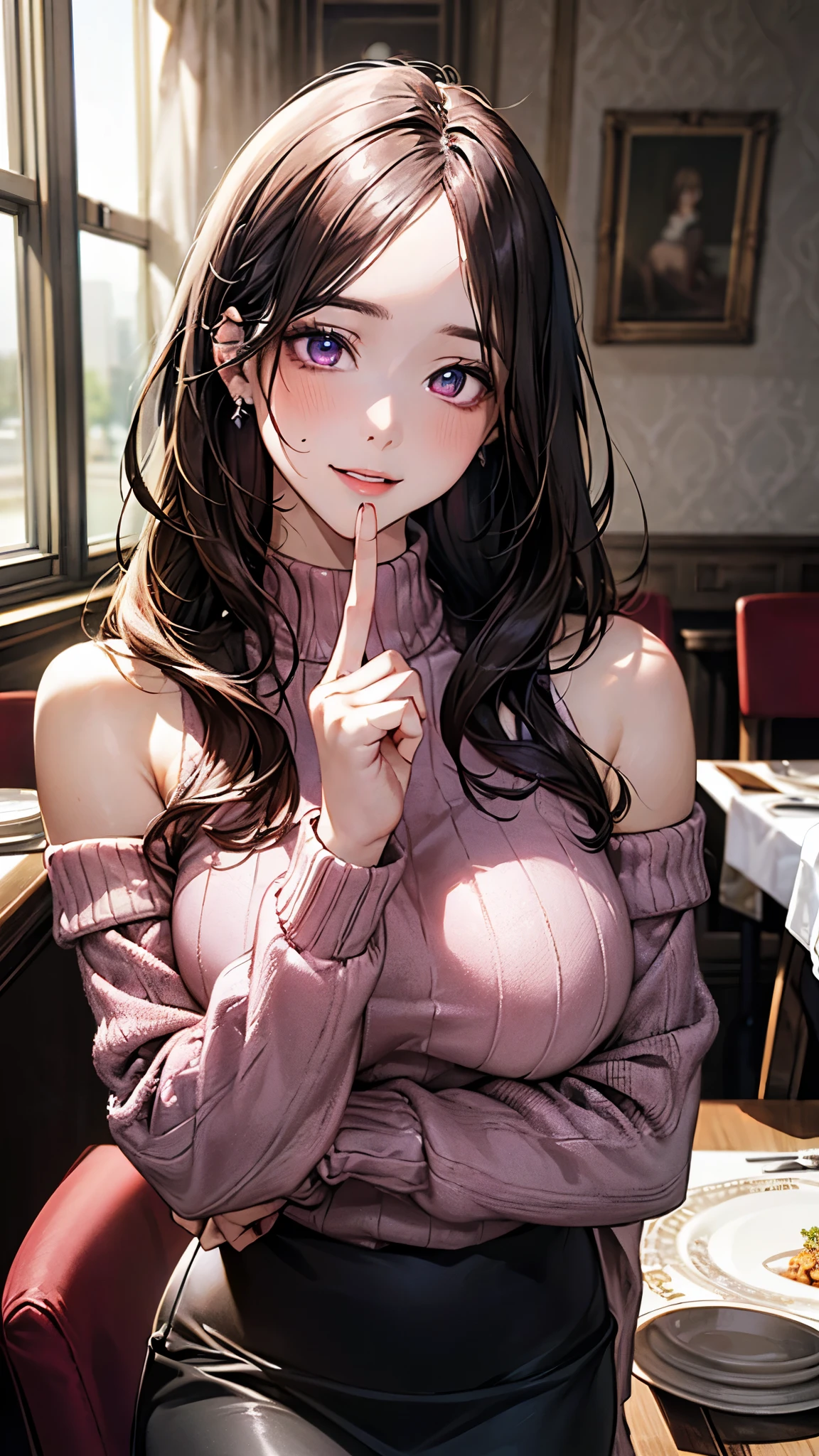 Anime girl with long hair sitting in a restaurant with a plate of food ...