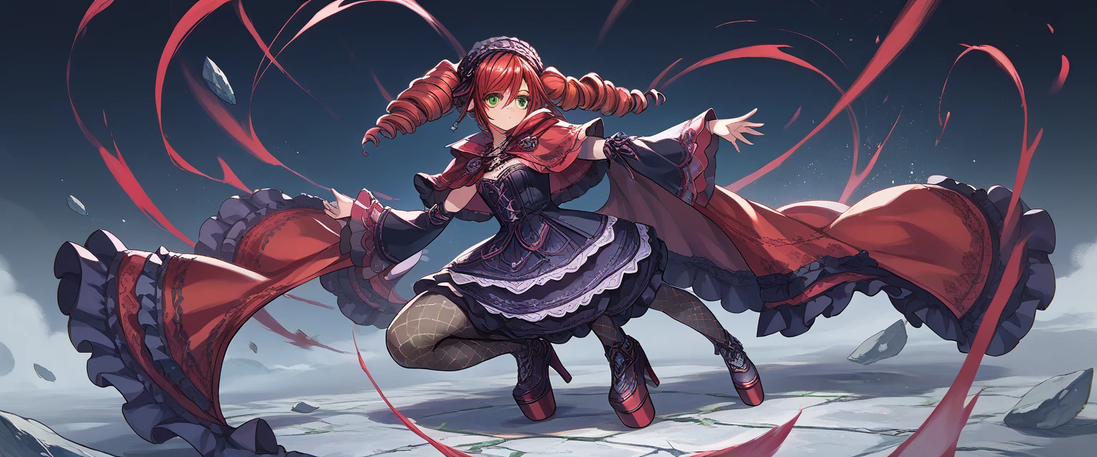 score_9, score_8_up, score_7_up, BREAK source_anime,, 
Amy Sorel, (SC6:1) red hair, bare shoulders, gothic, green eyes,  detached sleeves, twin drills, full body, capelet, headdress, wearing platform heels ,
  