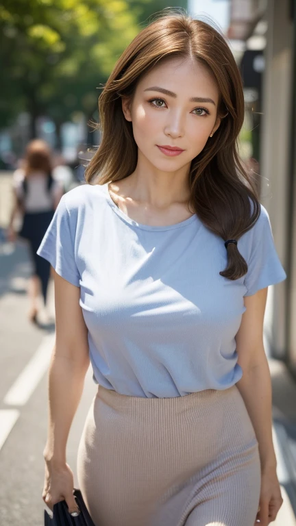 (a masterpiece portrait of a woman with ultra detailed features, in 8K resolution, with crisp quality and vibrant colors)、(from front、 facing the front:1.4)、Upper-class wife 、45 years old、 slender figure、Woman walking along Aoyama Street in Tokyo、 beautiful Japanese woman、 She is full of confidence 、Alone、 realistic facial wrinkles:1.4、 Staring at the Audience :1.8、 wears a round neck t-shirt and long skirt、housewife、( Elegant hairstyle with brown hair )、 shopping、 walking along Aoyama Street 、( realistic facial wrinkles:1.4)、 medium sized beautiful breasts 、