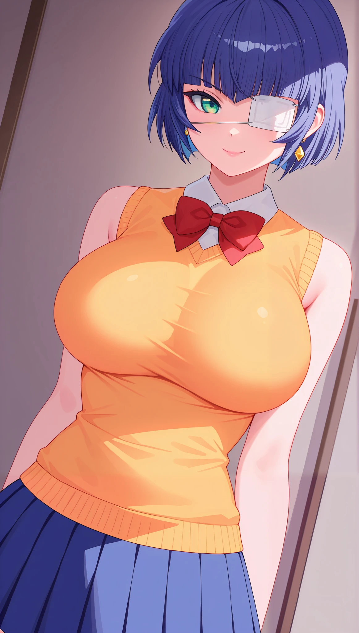 (masterpiece), (portrait), big round breasts (aesthetics), ((1 female 21 years old)), Highlight earrings), ((short hair)), ((Hot crystal dark blue hair, bow tie and an eye patch)), ((Shimei Ryomou)) straight hair, thin eyes open, green eyes, cute, naughty, cute smile, woman, feminine, beautiful, female features, top, high quality, aesthetic clothing, professional angle, (rule of thirds), (feminine), , (beautiful) , (female ) features), solo, (Korean attractive), summer, (ink haze), (afternoon), (vibrant light), seductive posture, ((face looking forward))), Shimei Ryomou, School uniform, sleeveless and collarless sweater, white long-sleeved blouse underneath, red striped pleated skirt, sensual ((Energy)), (Bold Makeup), (big round breasts), Fair Skin, (Clothes with Hip Hop Details), (a hot Shimei Ryomou, sculptural body, sexy pose), (Sleep Neckline), Beautiful Hands, Body beautiful, beautiful ears, beautiful eyes, bright eyes, beautiful mouth, beautiful lips, school