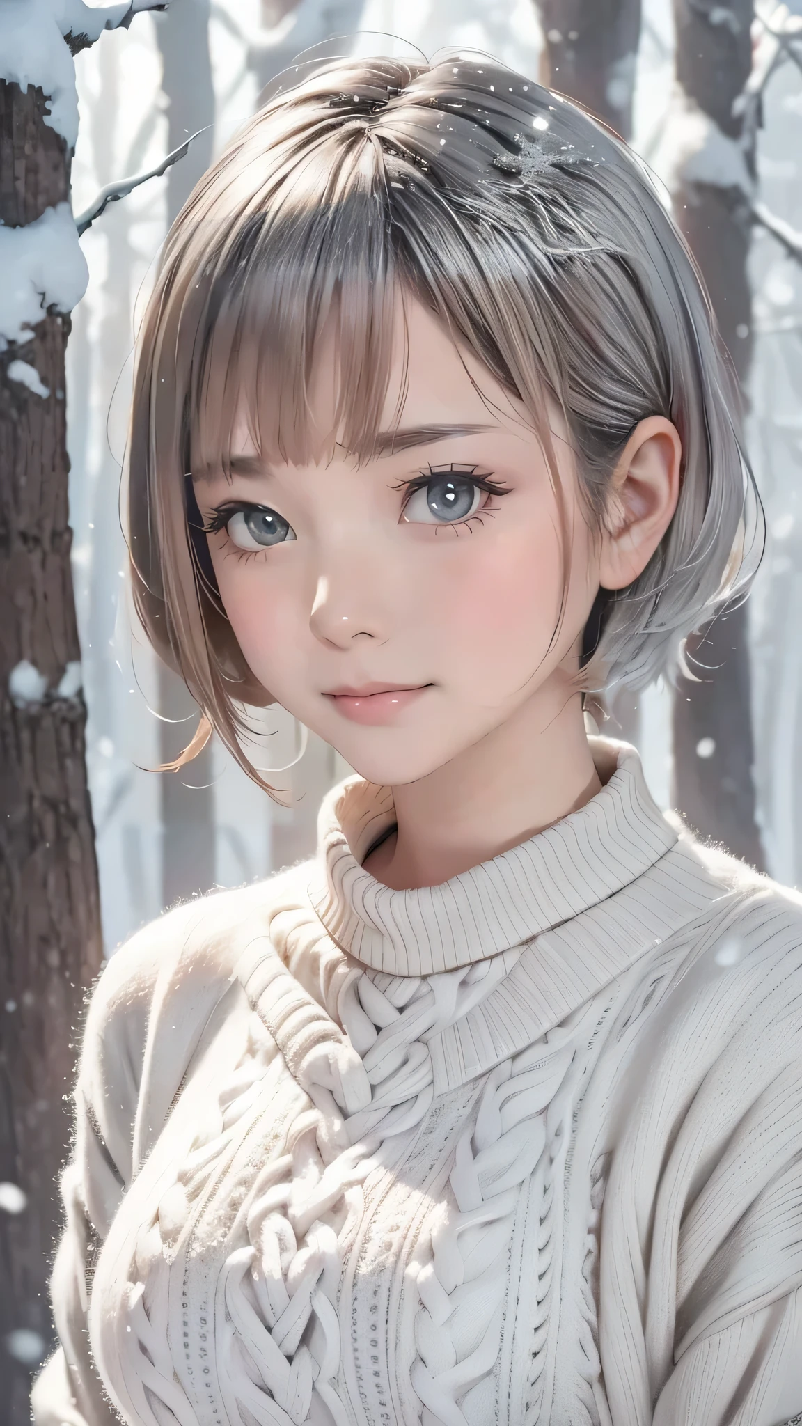 in the snowy forest, japanese girl, knit sweater, snowing,pupils sparkling, silver short hair, realistic Portrait, depth of field, f/1.8, anatomically correct, textured skin, super detail, high details, high quality, super detail, high details, high quality, best quality, highres