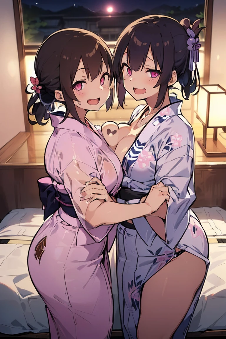 Sisters,Lesbian,In heat,Having an orgasm,Squirting,Masturbating,They are hugging each other,Half naked,Japanese clothing
