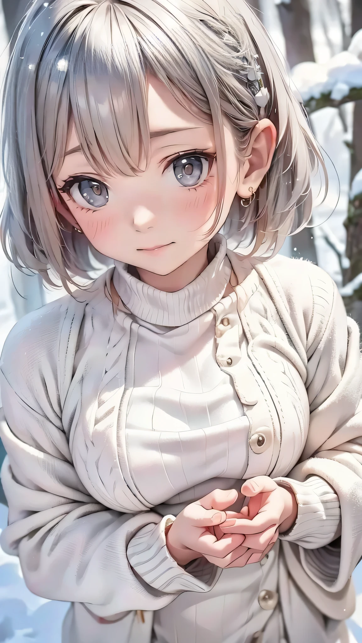 in the snowy forest, japanese girl, knit sweater, snowing,pupils sparkling, silver short hair, realistic Portrait, depth of field, f/1.8, anatomically correct, textured skin, super detail, high details, high quality, super detail, high details, high quality, best quality, highres