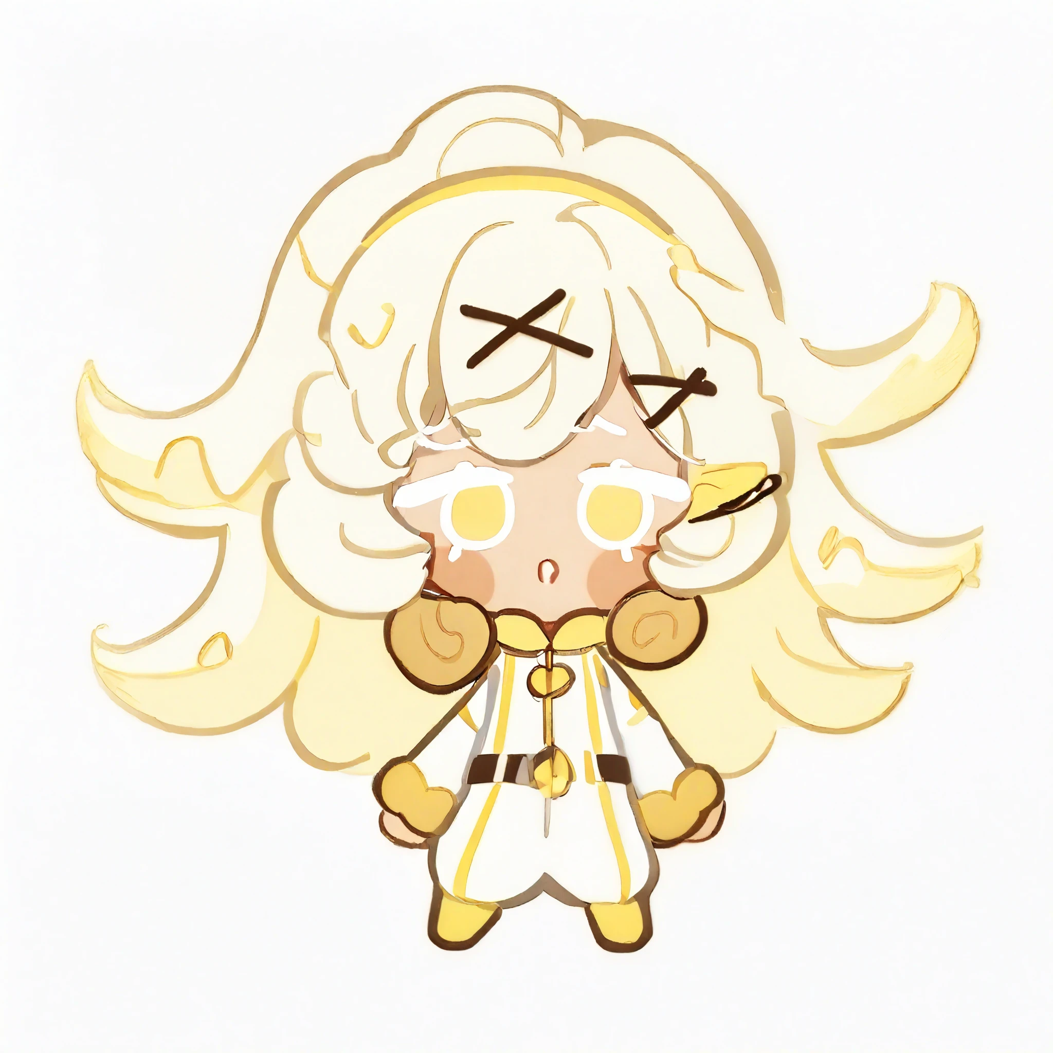 Banana Mousse Cookie, white hair, curly hair, hair spread out, x hair ornament, yellow hairband, White Jumpsuit