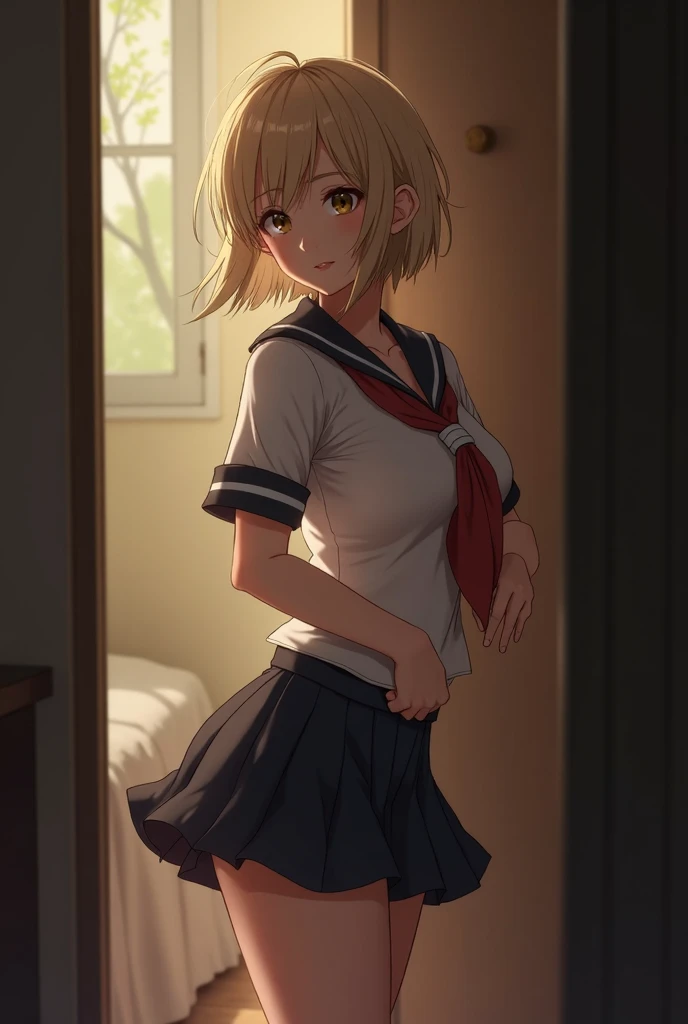 angry,contempt,looking down at viewer,masutepiece, Best Quality, Insanely detailed, absurderes, Perfect Skin, Detailed skin texture, ultra-detailliert, 8K, Intricate details, beautifull detailed face, girl with, School uniform,Blonde hair, a short bob, Green eyes ,intricate underwear,lift up skirt,whiteshirt,Red Ribbon,Dark blue skirt,From below,low angle shot,lift up skirt,Girl in skirt and pastel blue panties lifts skirt with her hands in locker room,show off her pastel blue panties,Shoot from below